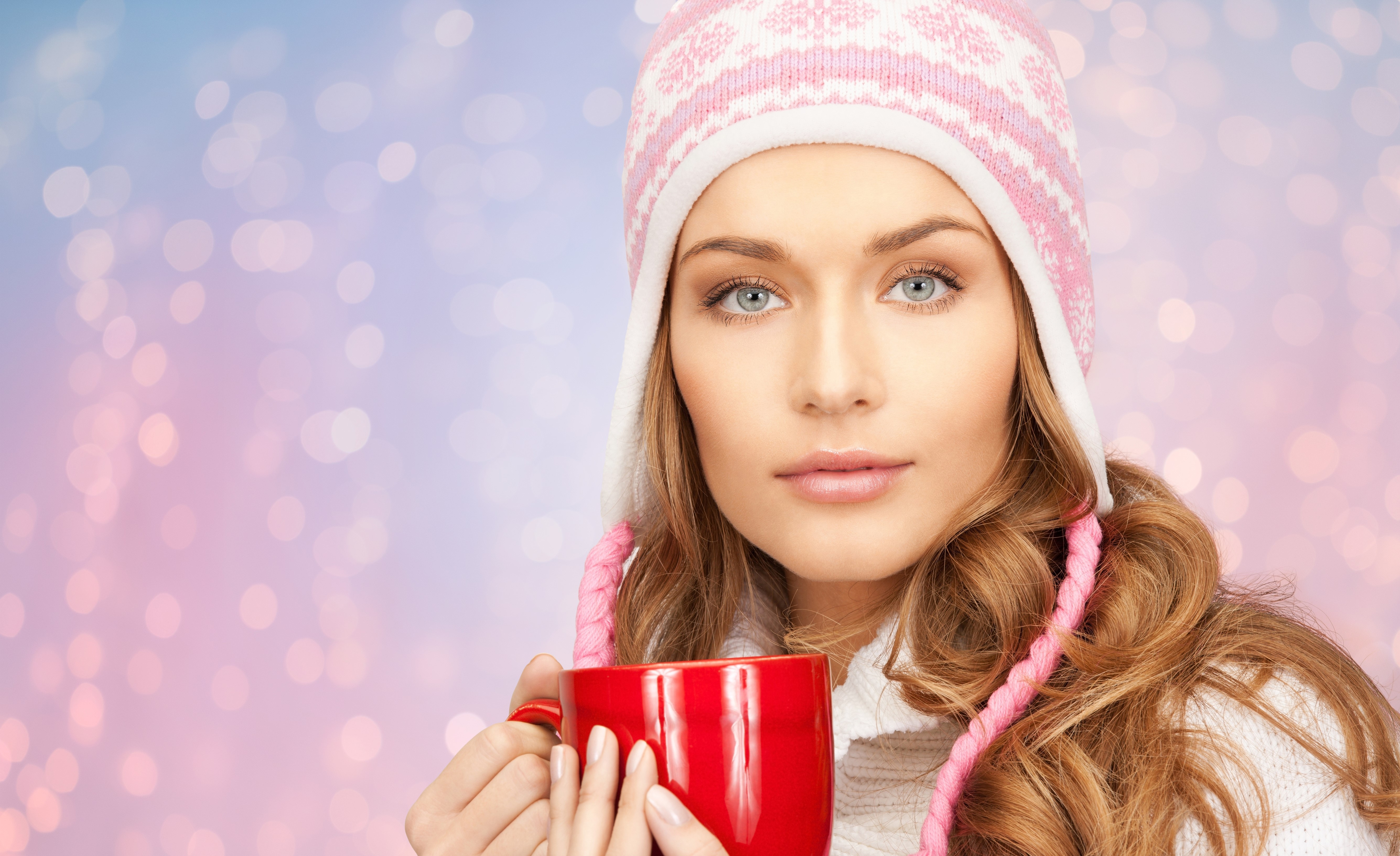 Woman in Winter Hat Holding Red Mug HD Wallpaper