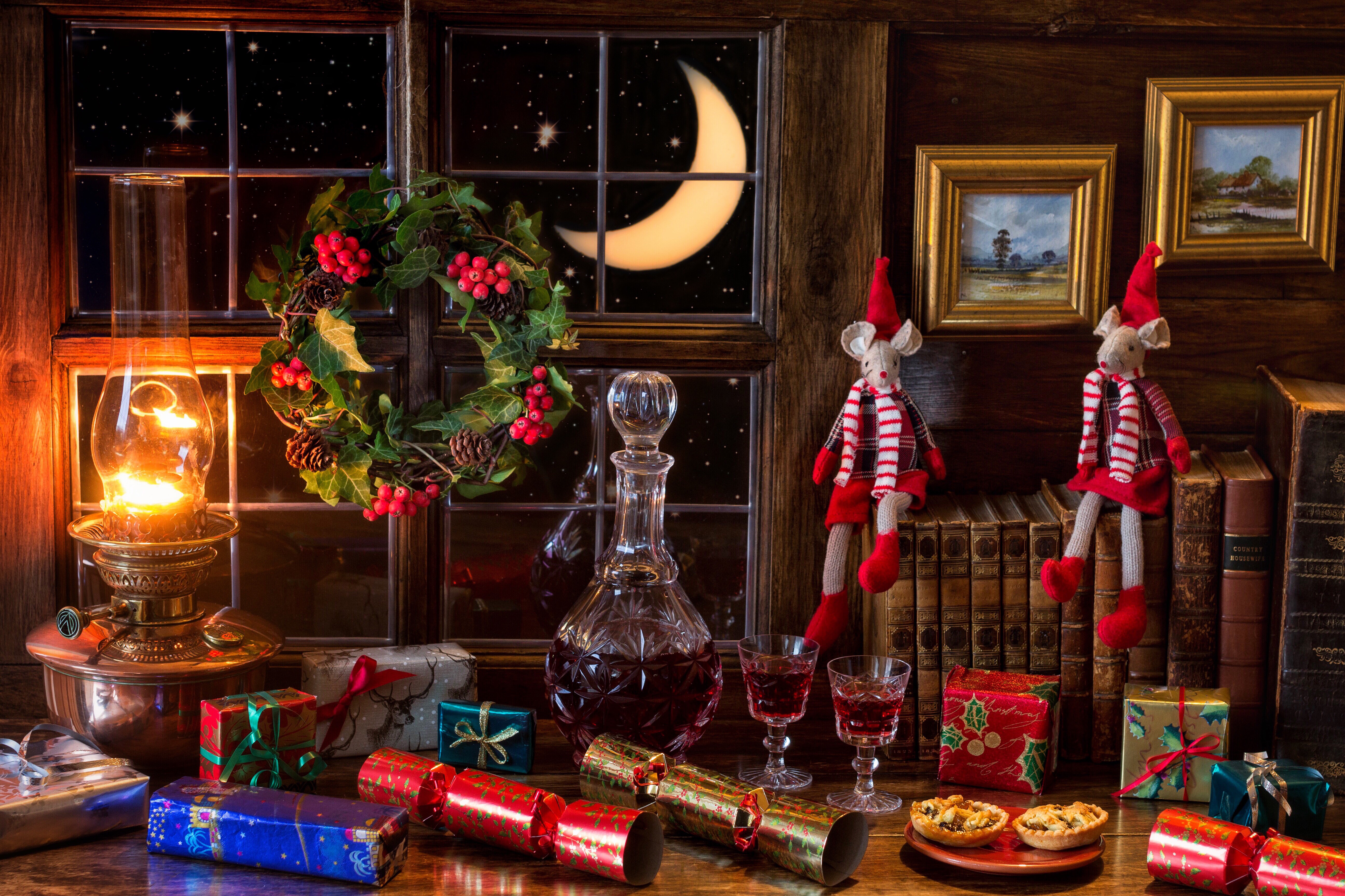 Christmas still life with gifts and wine HD Wallpaper