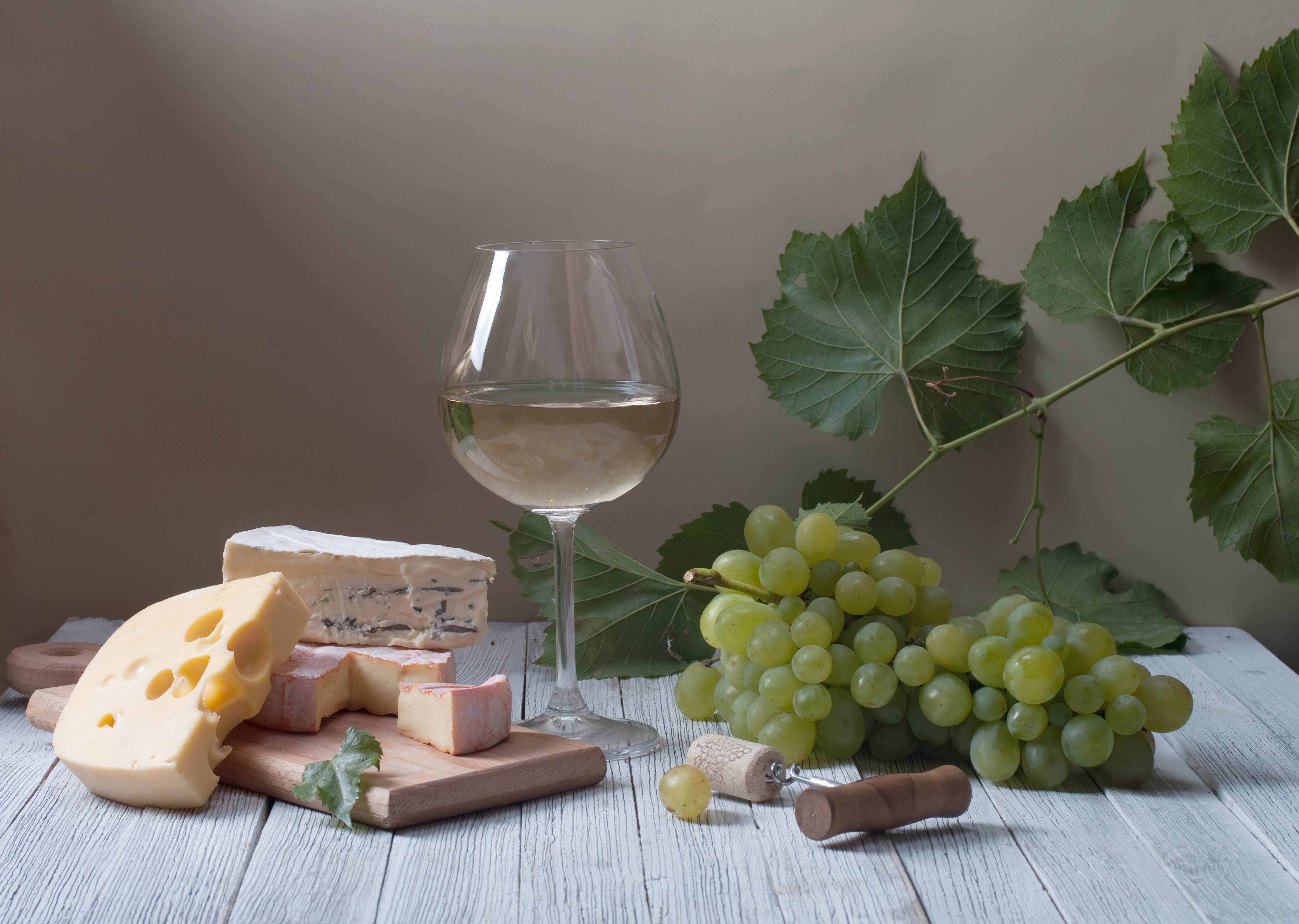 Still-life with wine, grapes, and cheese HD Wallpaper