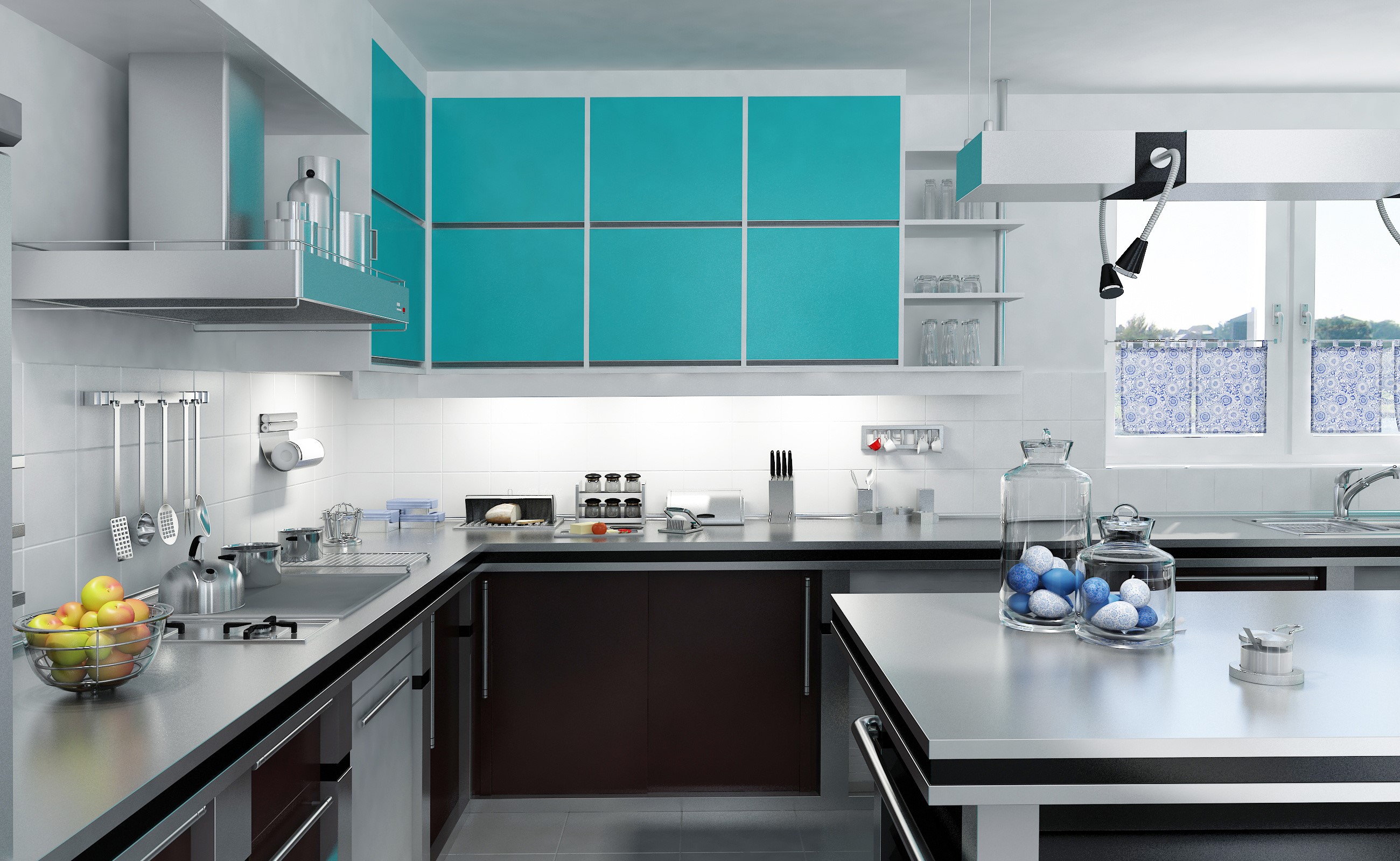 Modern Kitchen Interior with Turquoise Cabinets and Island HD Wallpaper