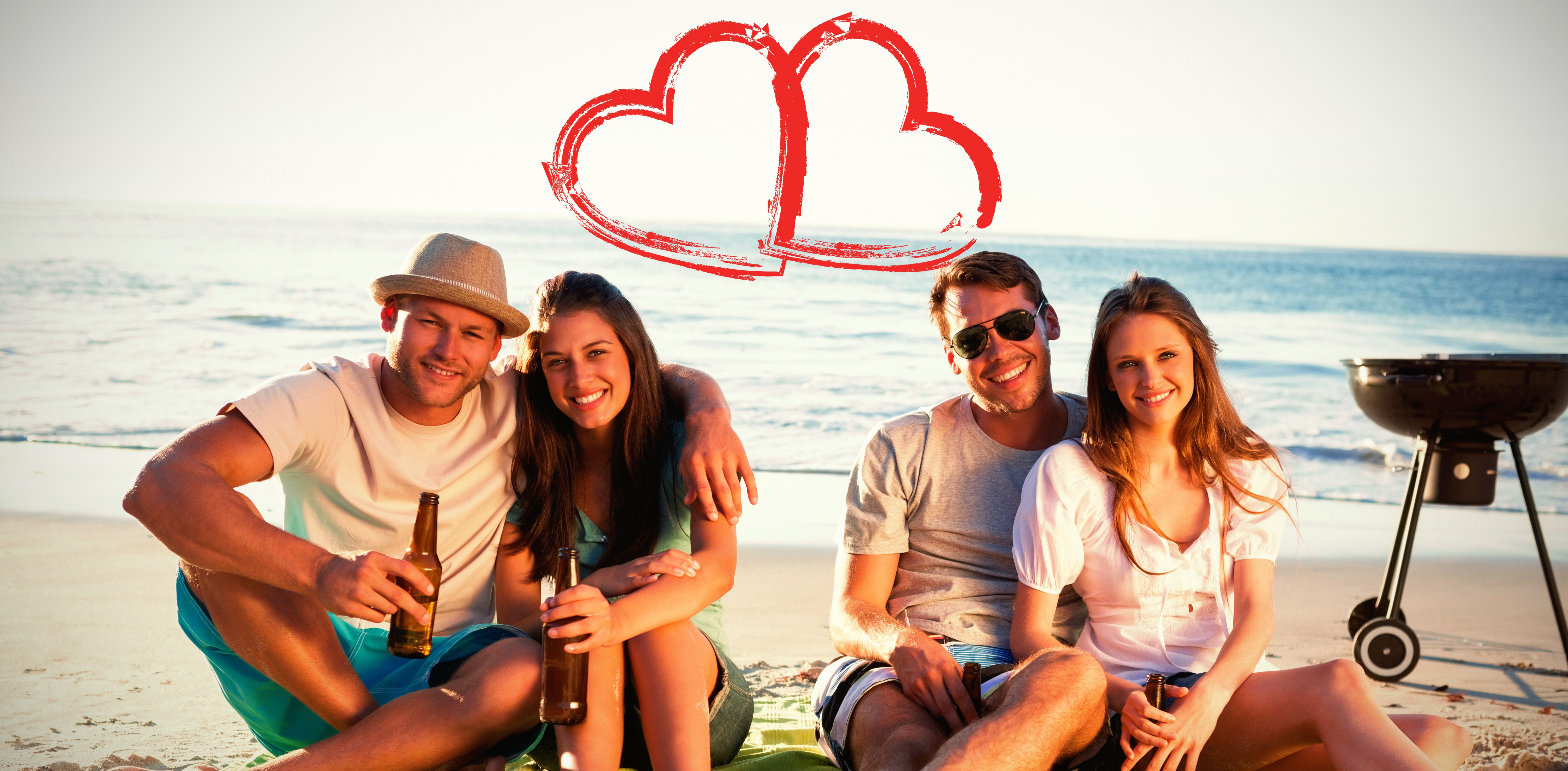 Couple on Beach with Barbecue and Hearts HD Wallpaper