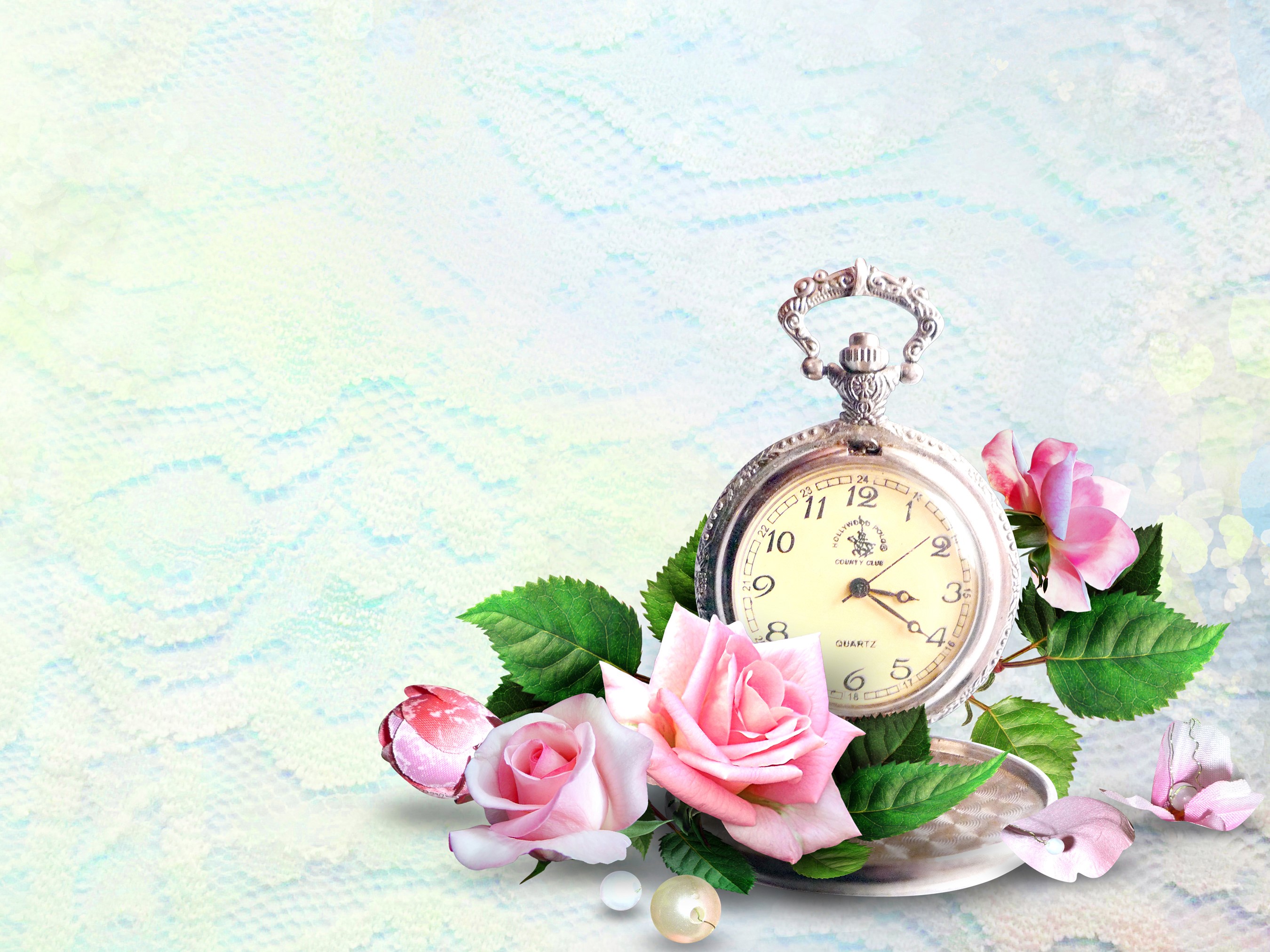 Pocket watch with pink roses and pearls HD Wallpaper