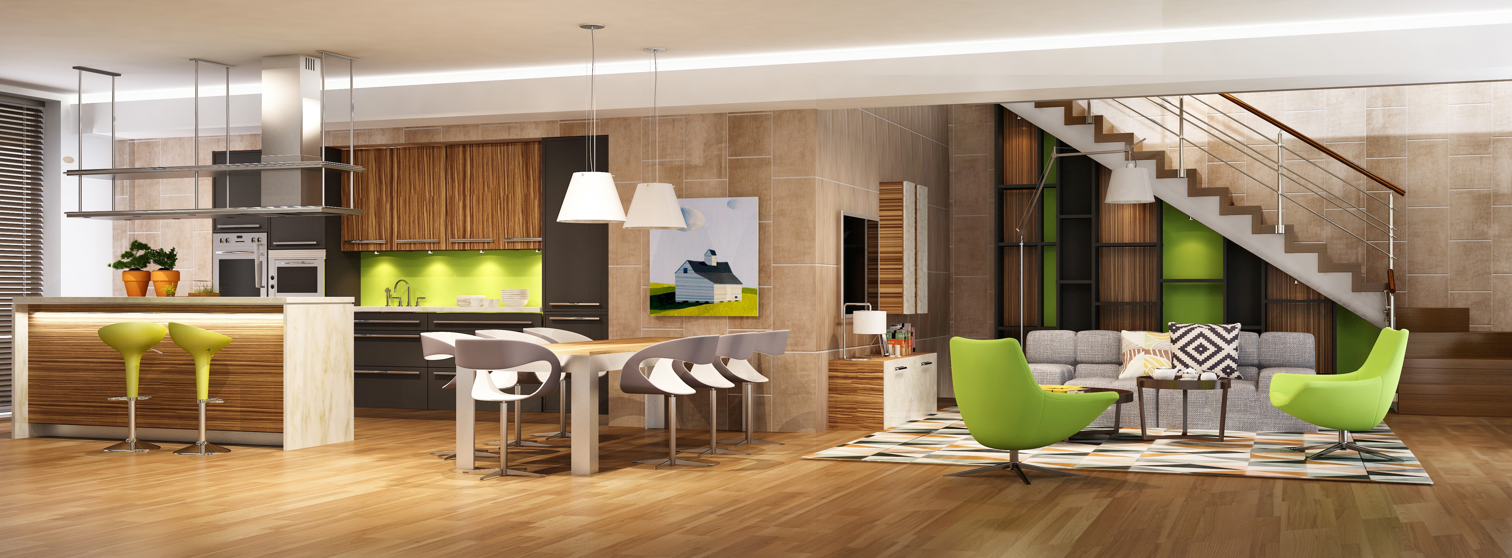 Modern open-plan kitchen and living room with stairs HD Wallpaper
