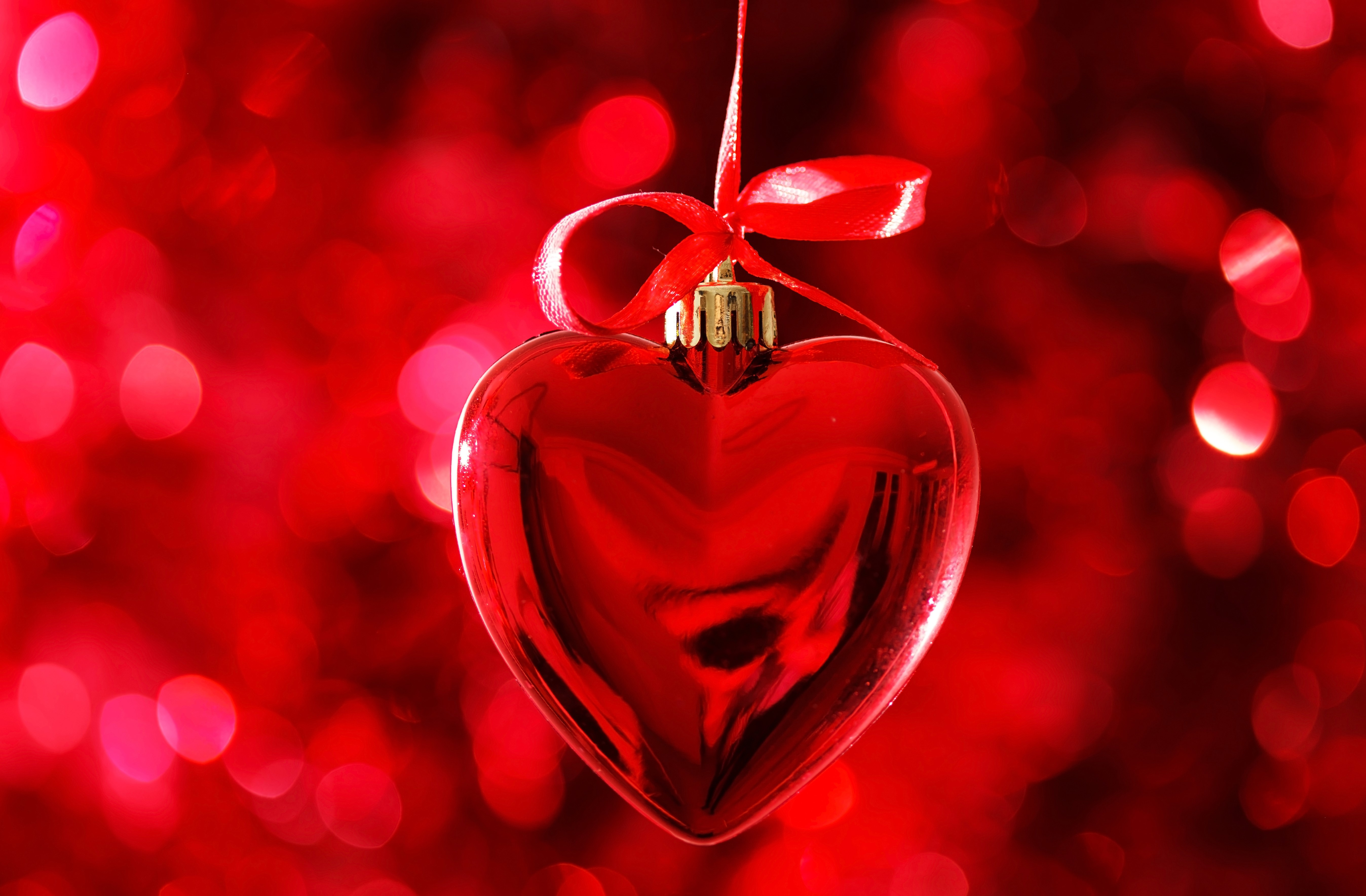 Red Heart Ornament with Ribbon HD Wallpaper