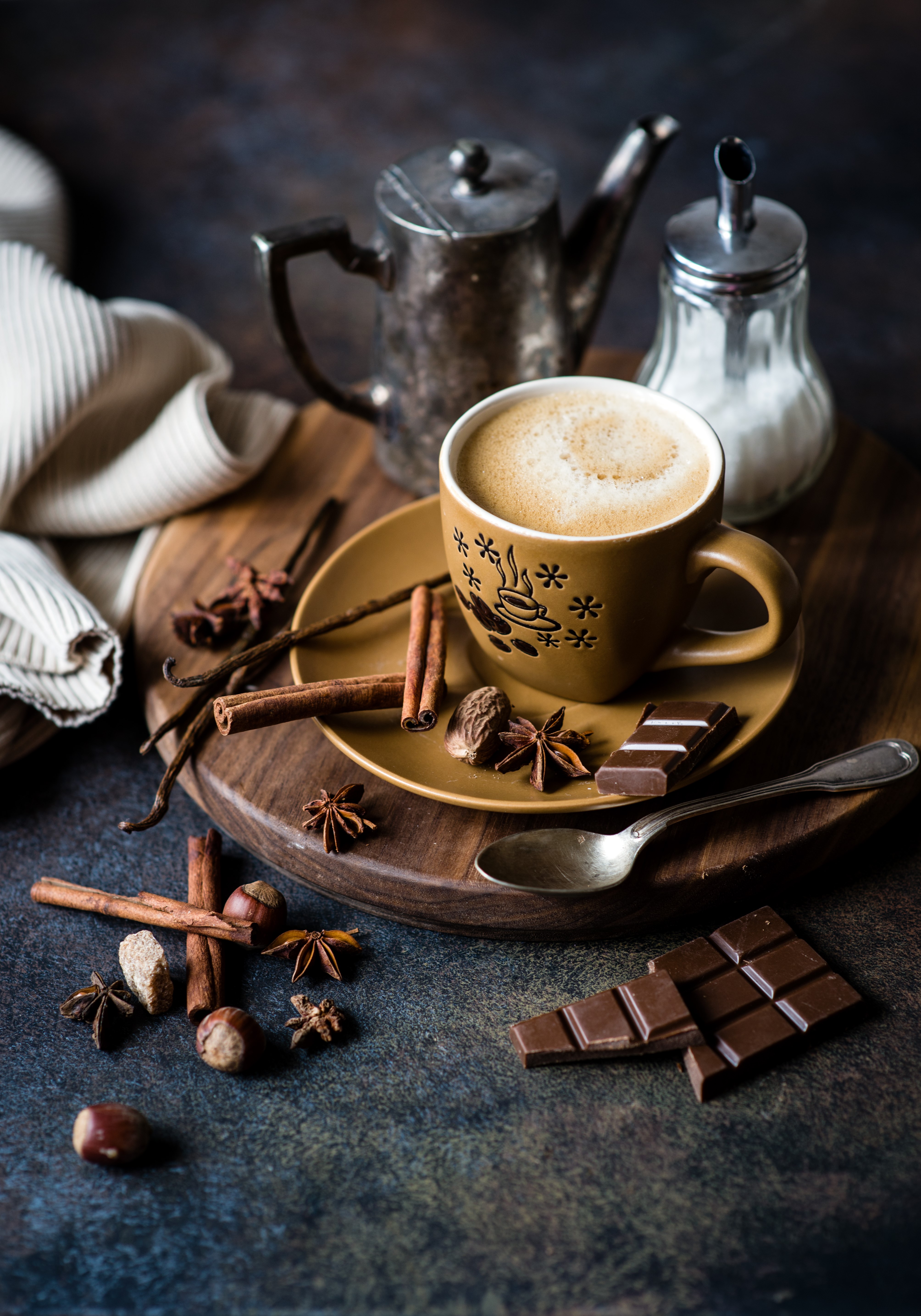 Coffee with Chocolate, Cinnamon, Nuts, and Star Anise HD Phone Wallpaper