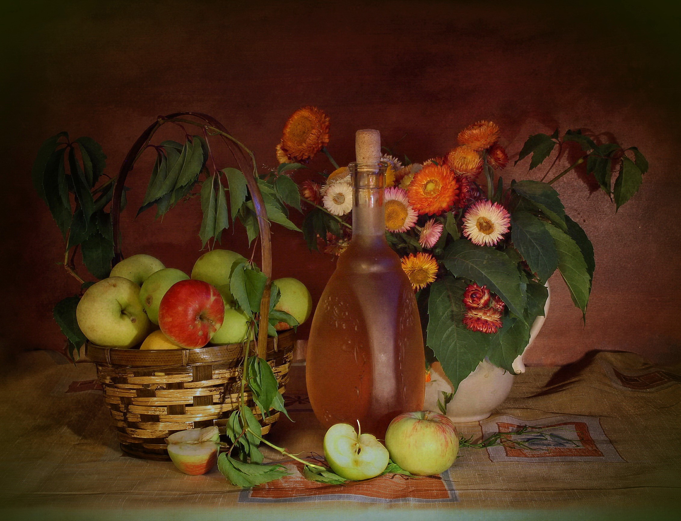 Still-life with apples, asters, and a bottle HD Wallpaper