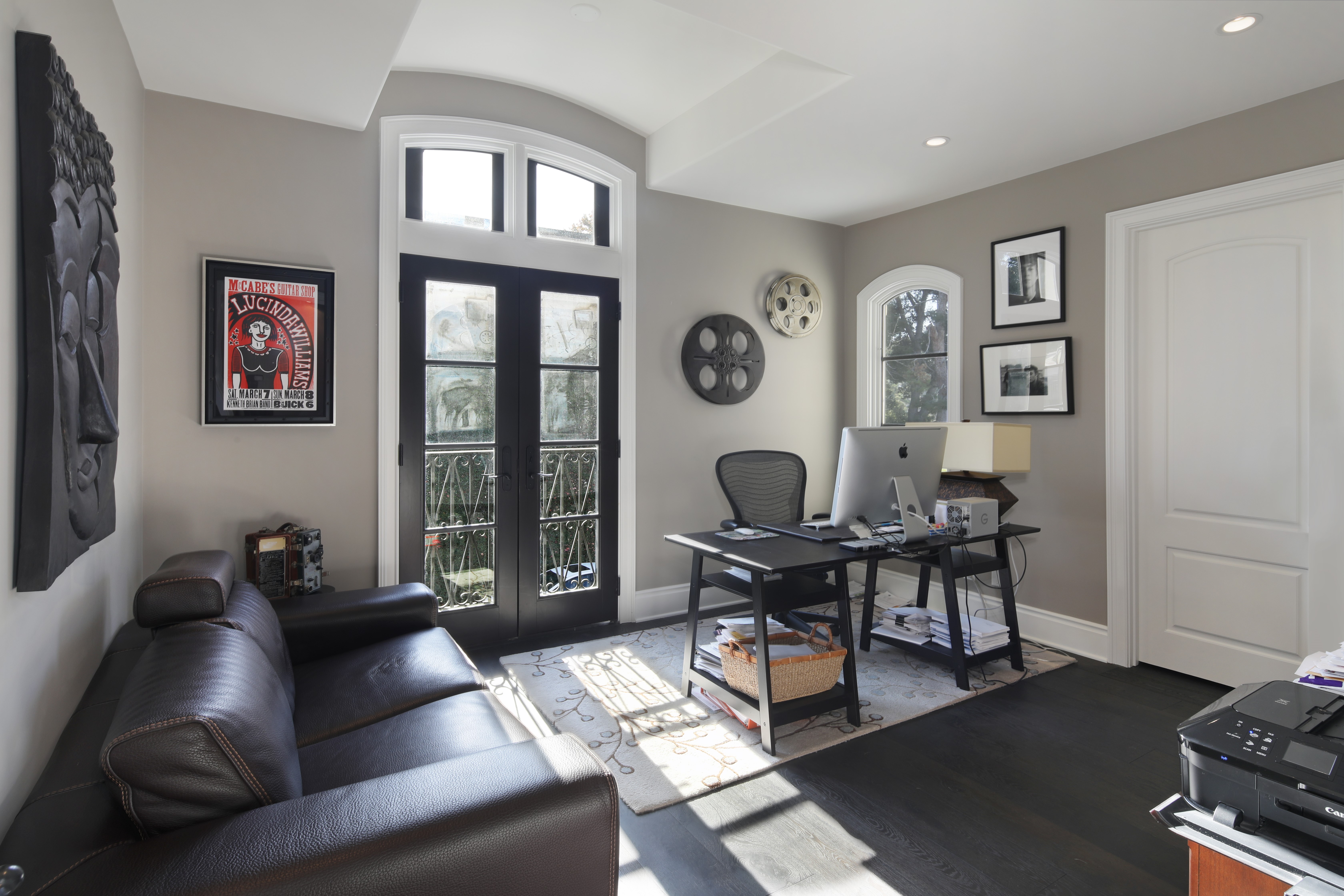 Office with sofa, desk, and double doors HD Wallpaper