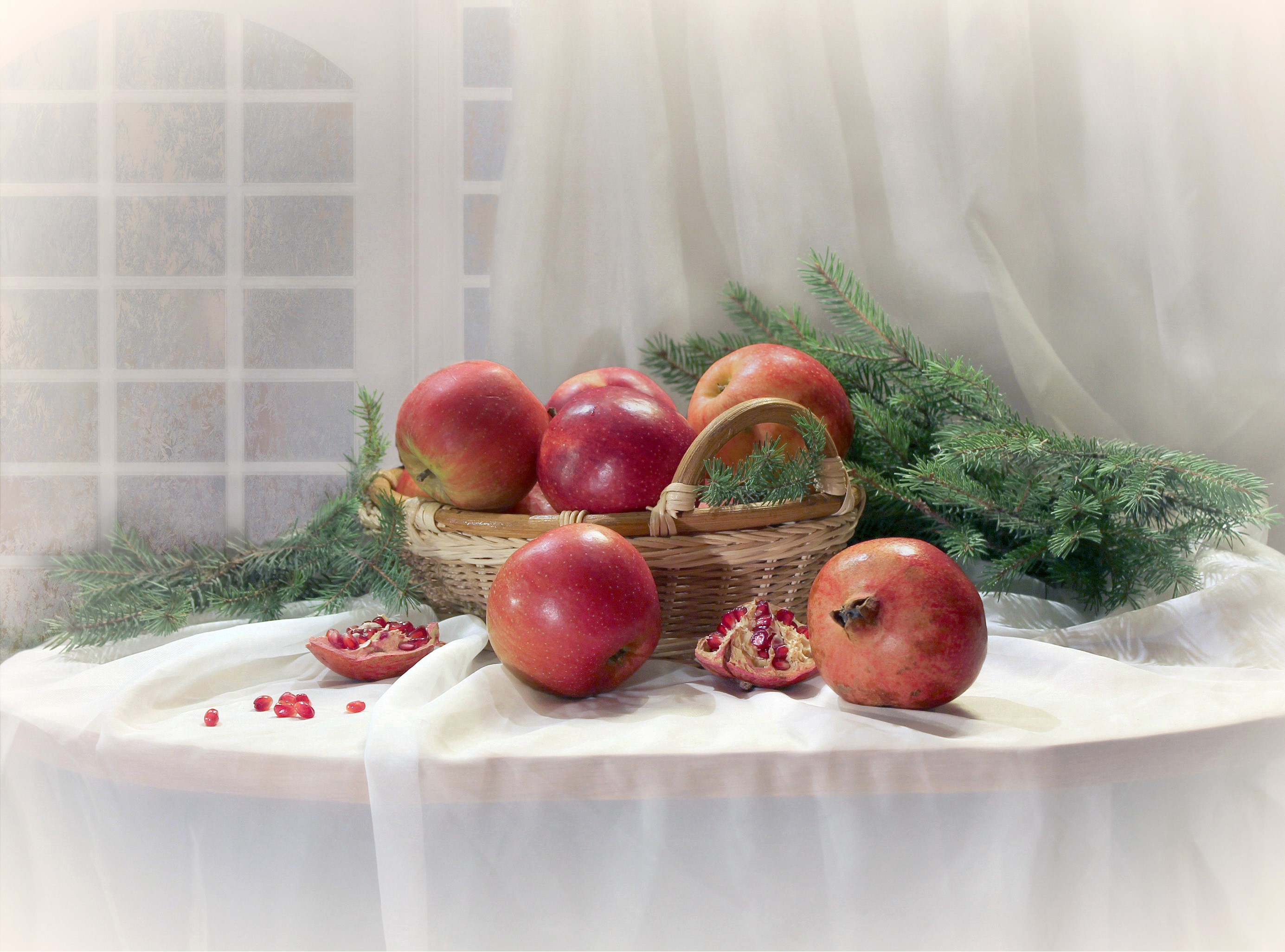 Still-life with apples, pomegranate, and fir branches HD Wallpaper
