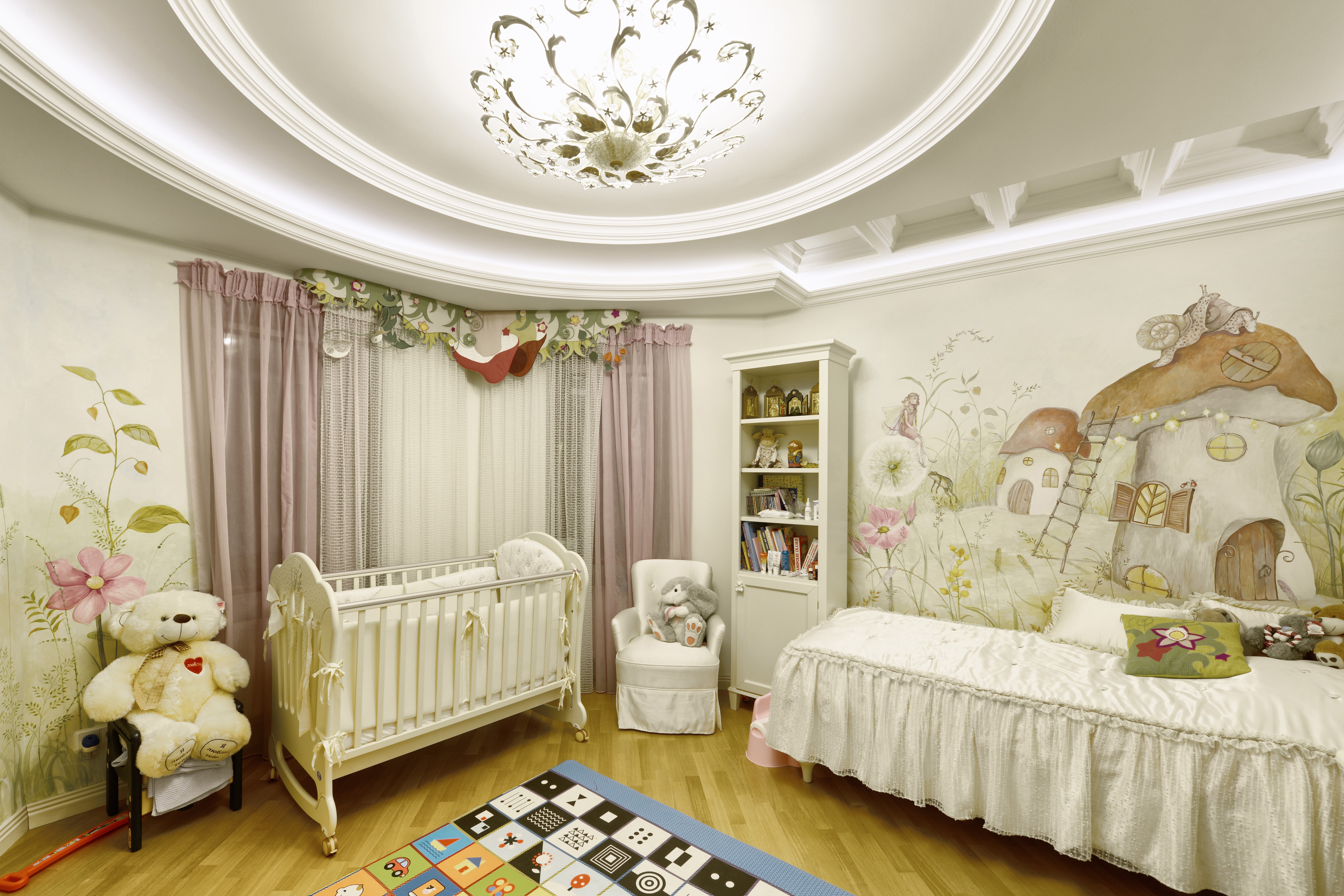 Children's room with teddy bear and crib HD Wallpaper