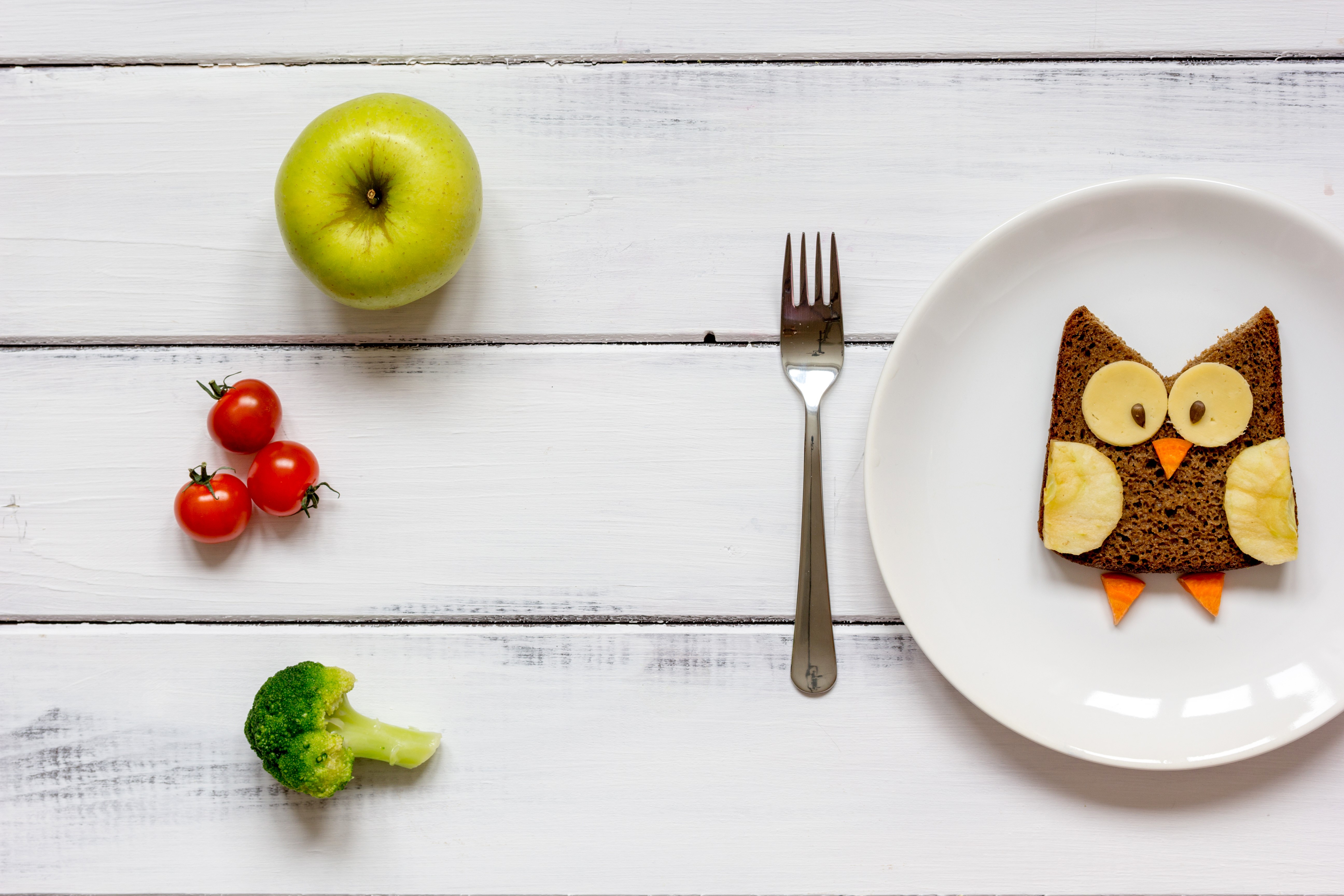 Owl sandwich with apple, tomatoes, and broccoli on wood planks HD Wallpaper