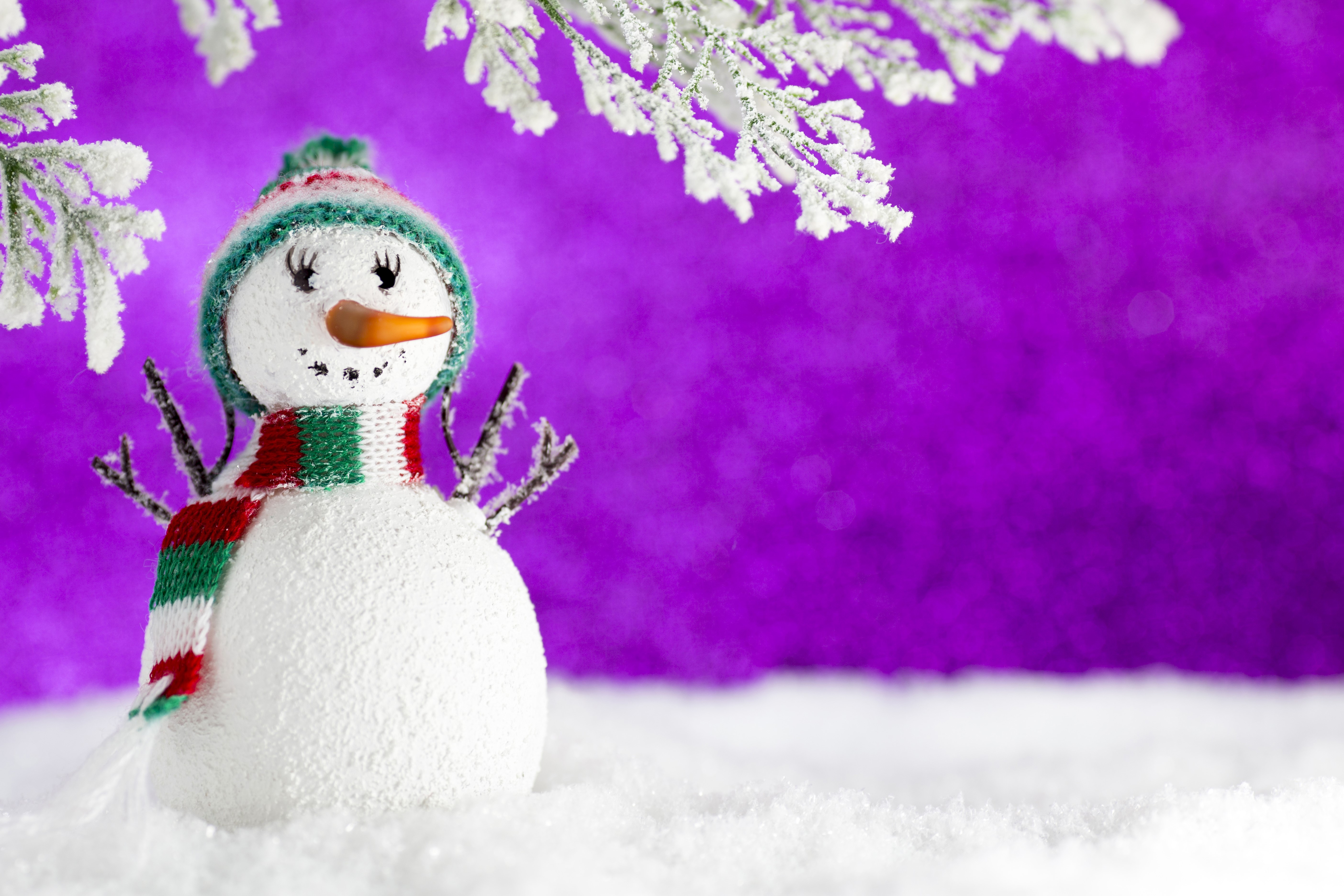Snowman with winter hat and scarf on purple background HD Wallpaper