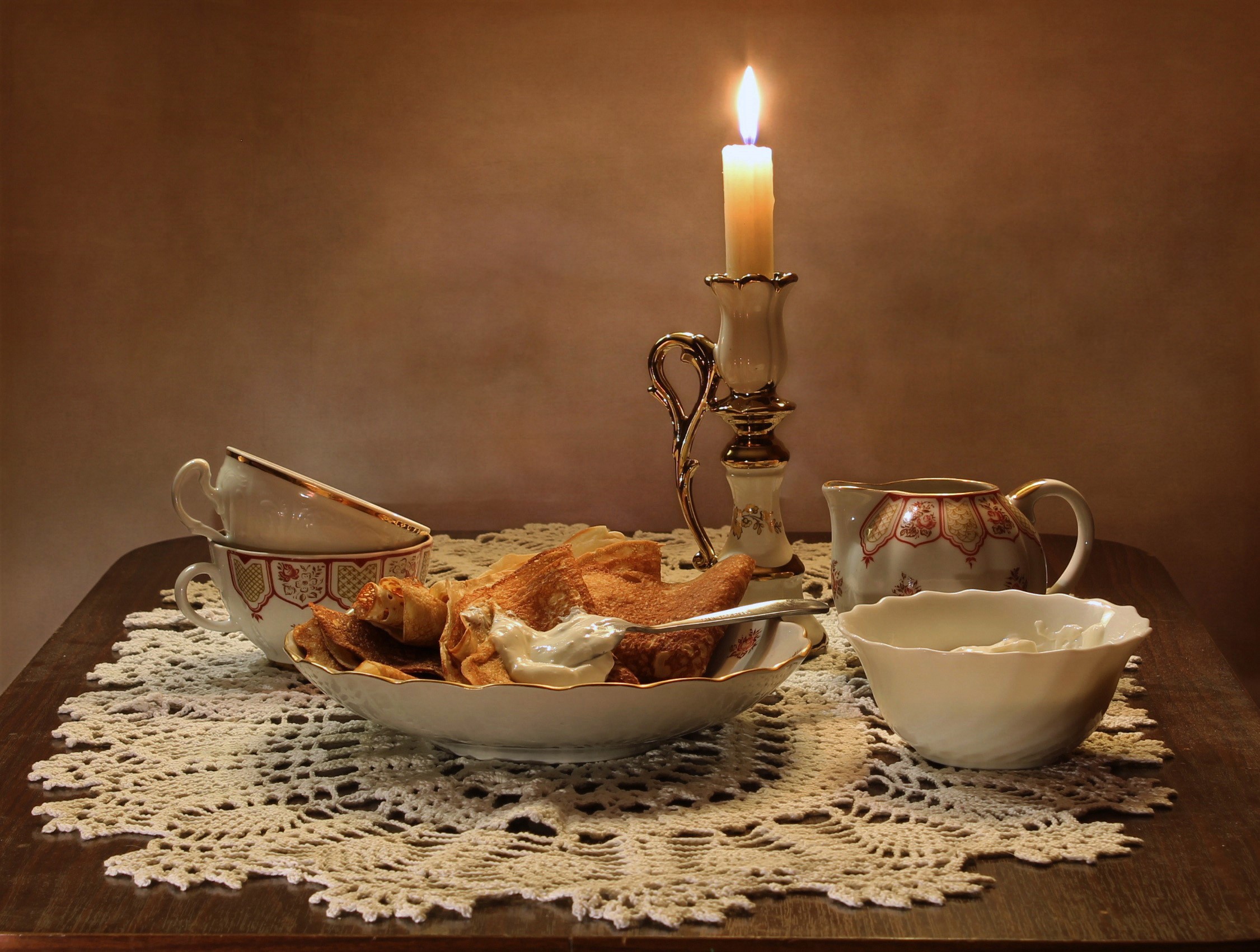 Still life with pancakes, cups, and a candle HD Wallpaper