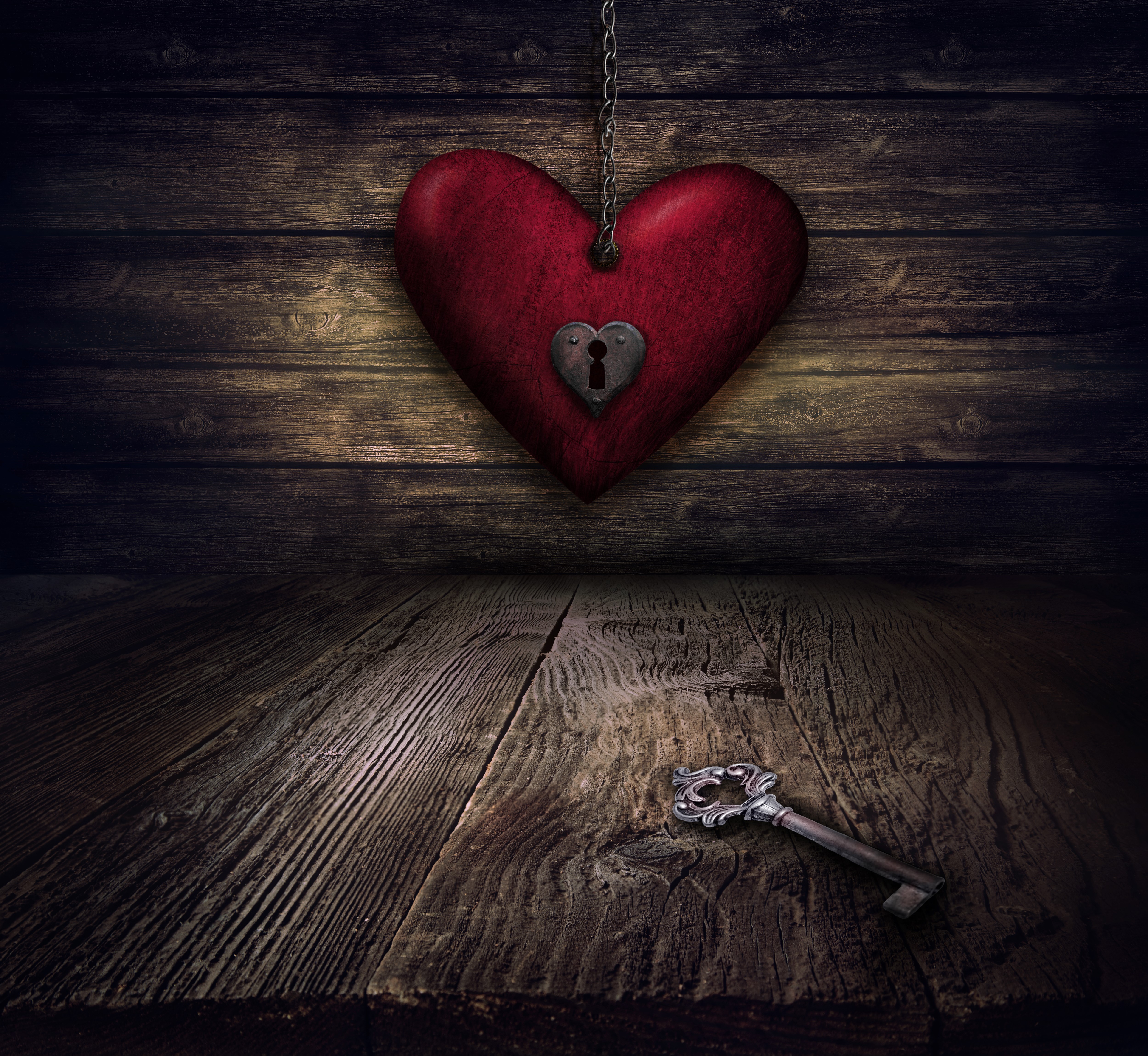 Heart with Lock and Key on Wood HD Wallpaper