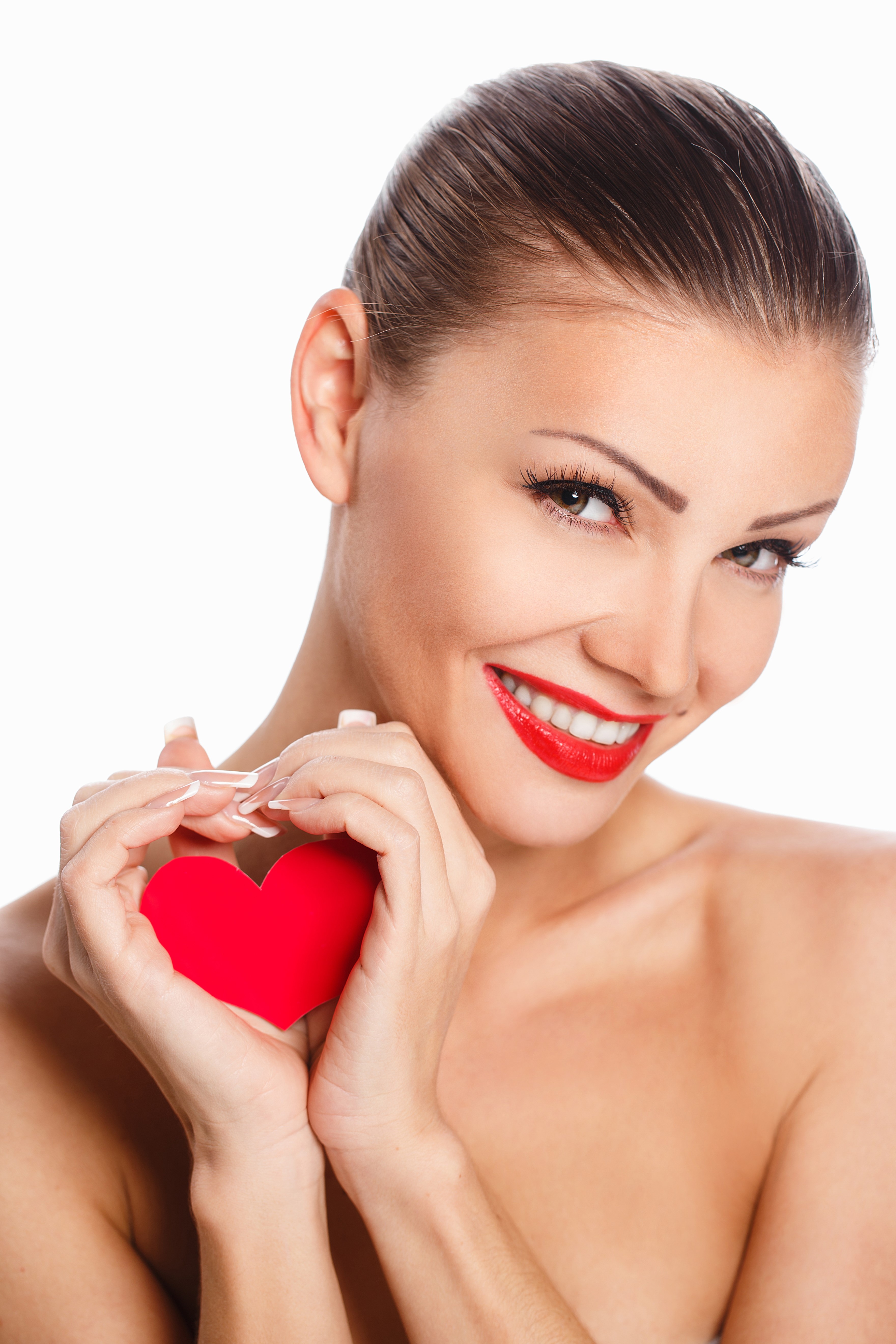 Woman holding a red heart with her hands HD Phone Wallpaper