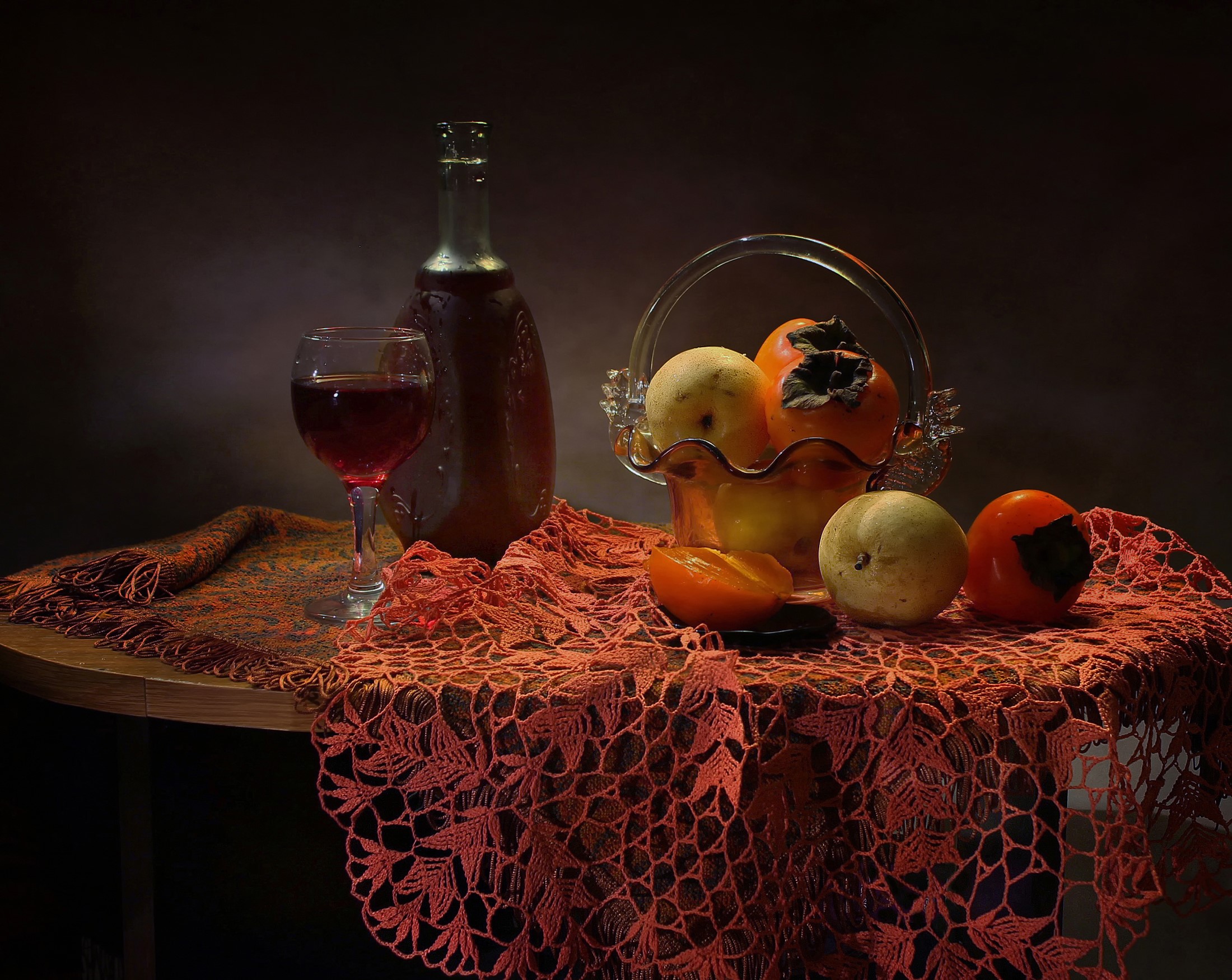 Still-life with wine, fruit, and bottle on a table HD Wallpaper