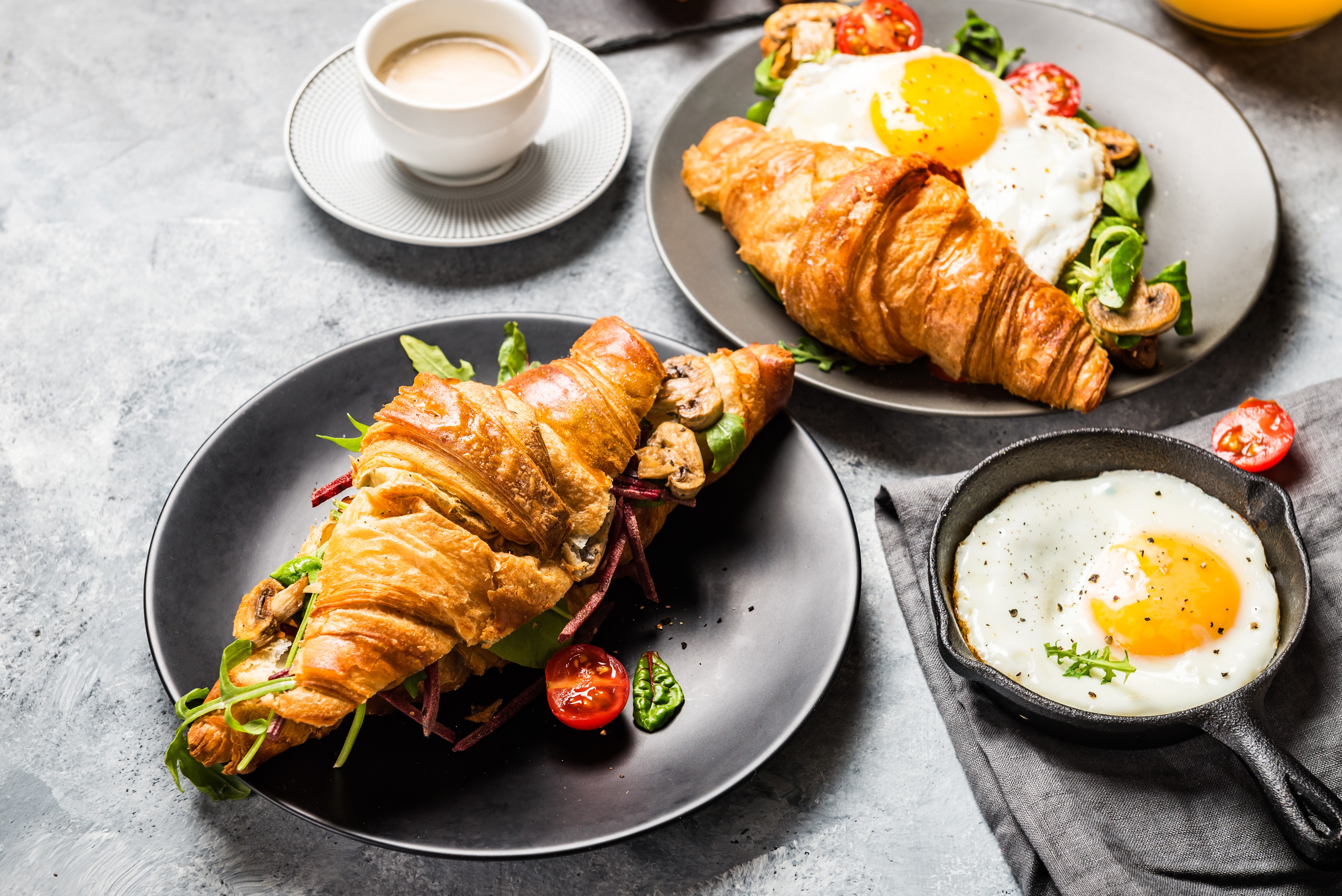 Croissant breakfast with fried eggs and coffee HD Wallpaper