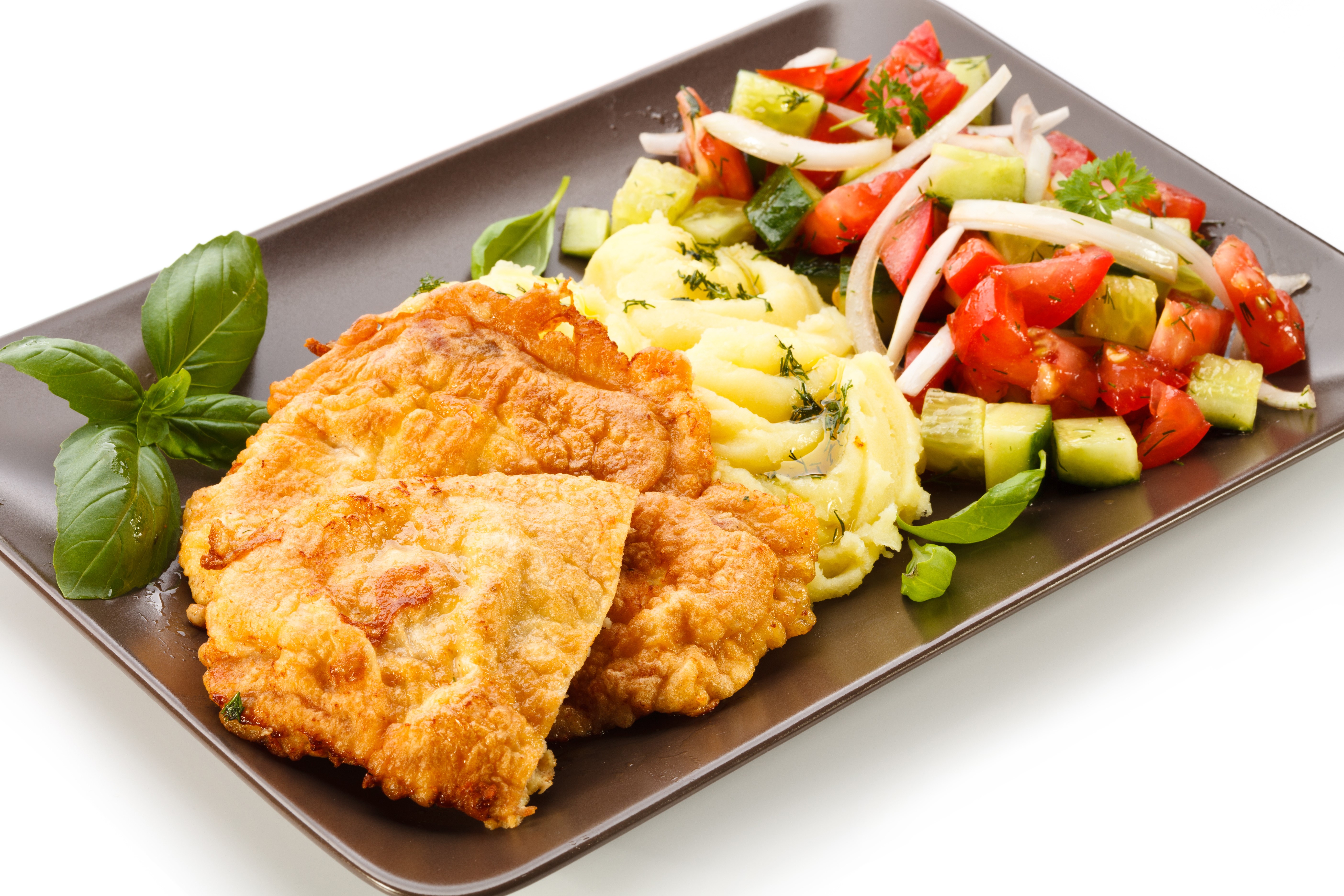 Fried cutlets with mashed potatoes and salad HD Wallpaper