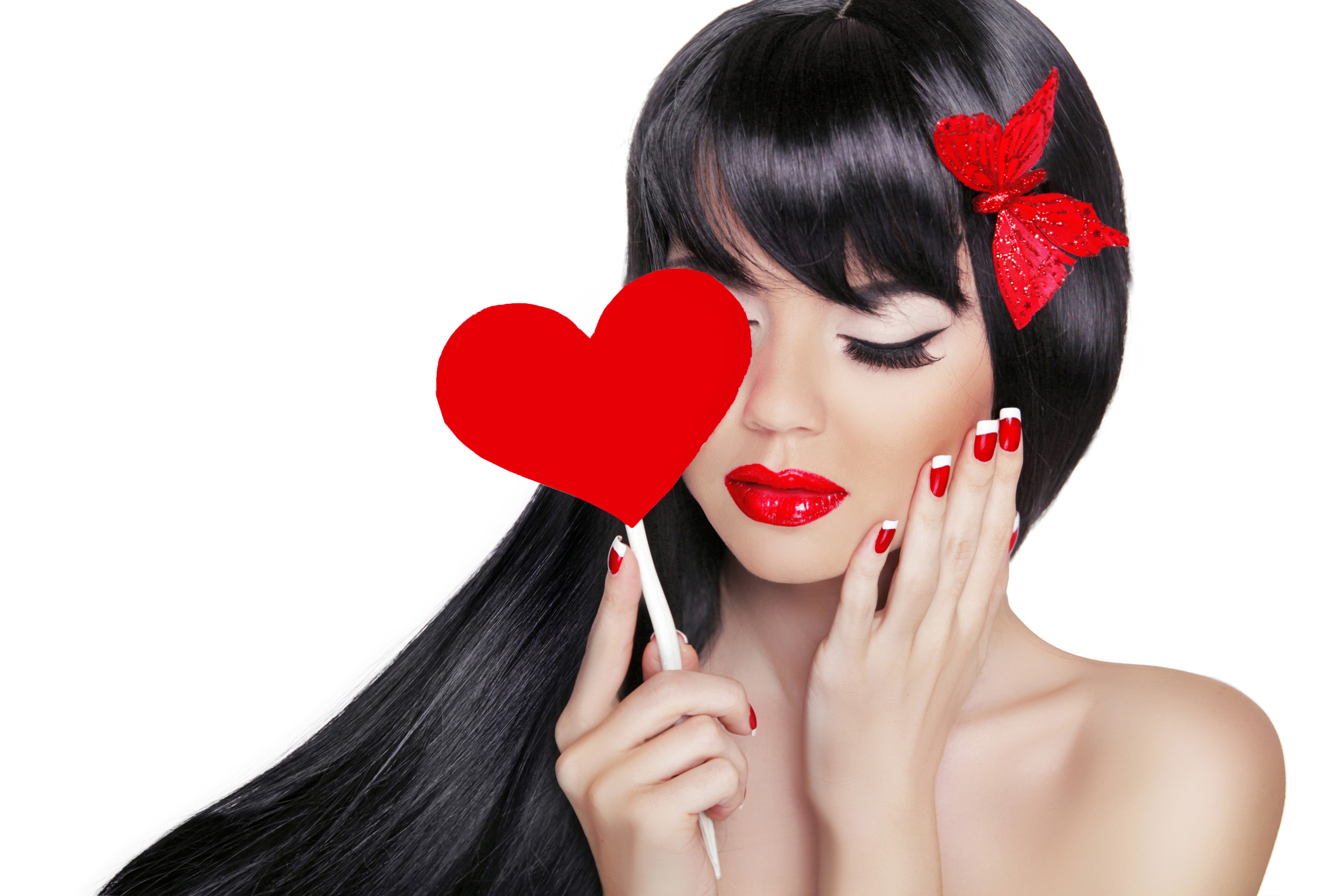 Woman with red heart and butterfly hair clip HD Wallpaper