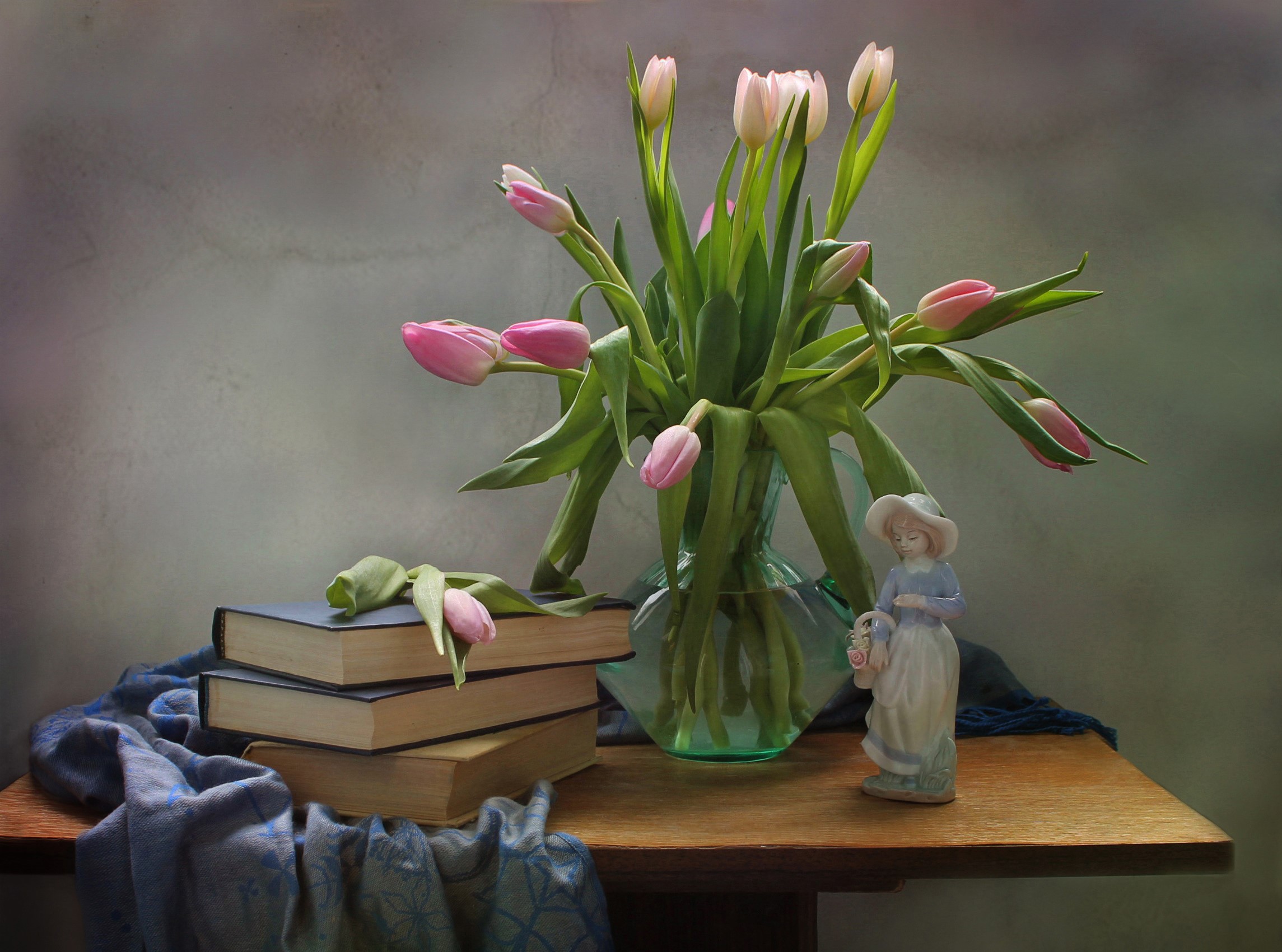 Still-life with pink tulips, books, and figurine HD Wallpaper