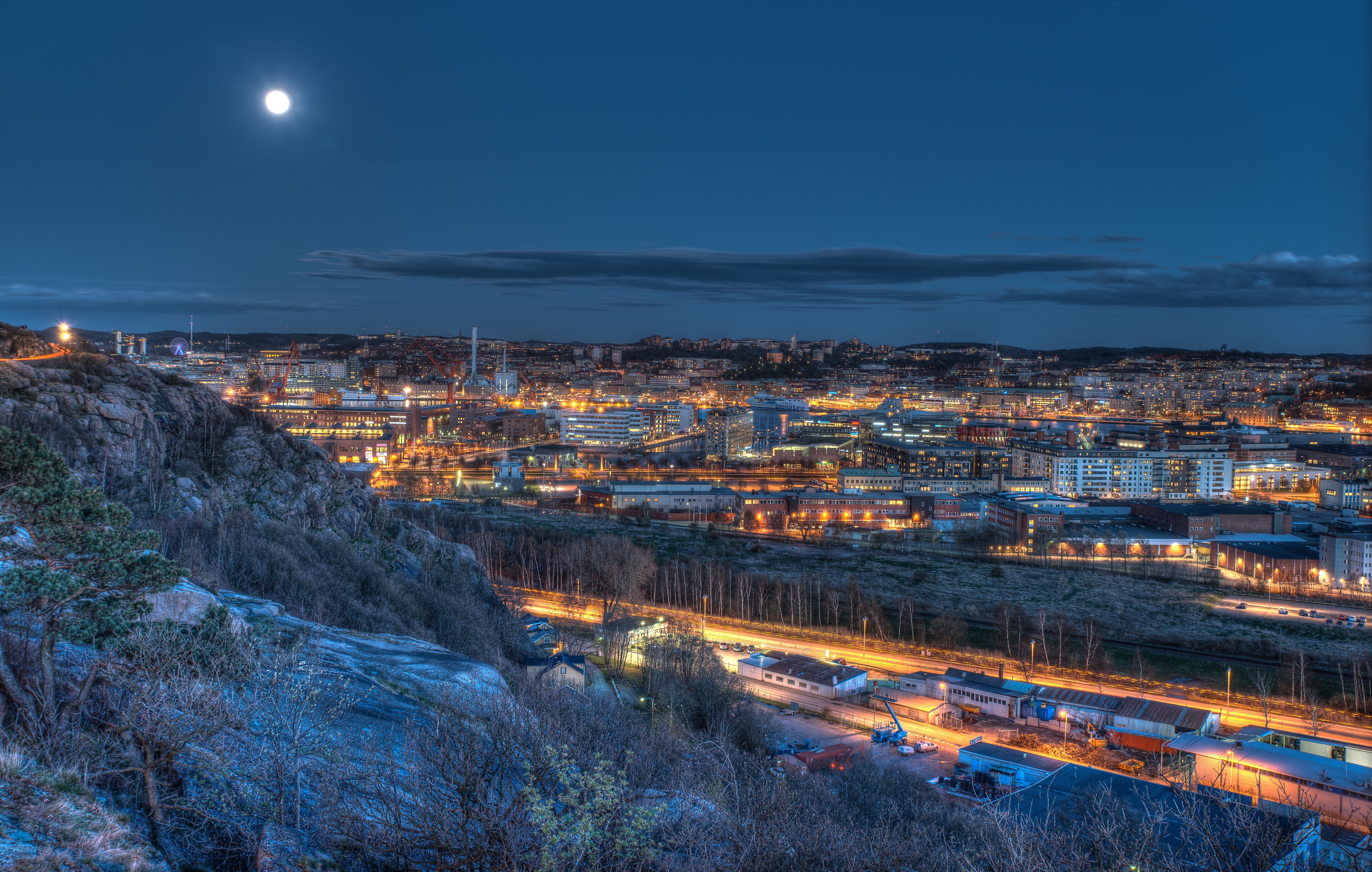 Gothenburg, Sweden at Night with Moon HD Wallpaper