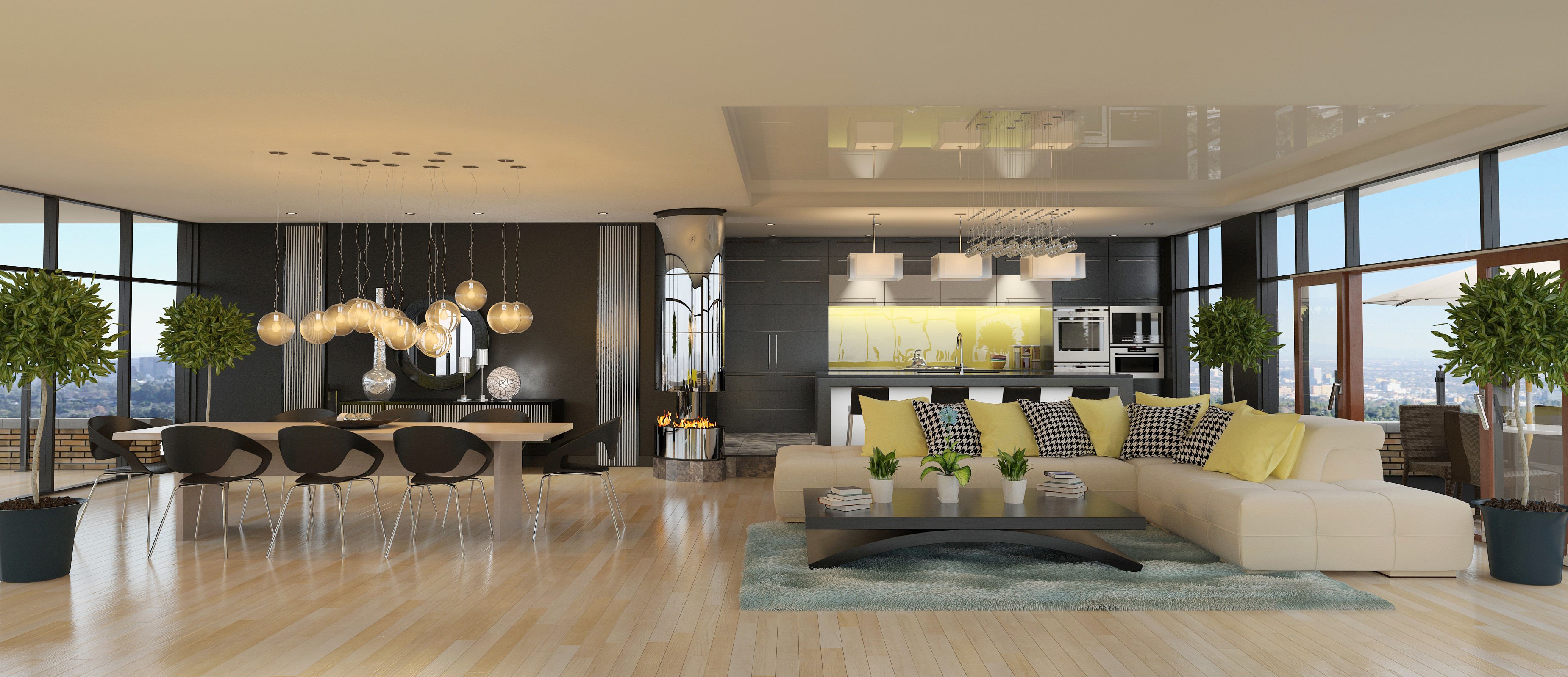 Modern open-plan living and dining room with city view HD Wallpaper