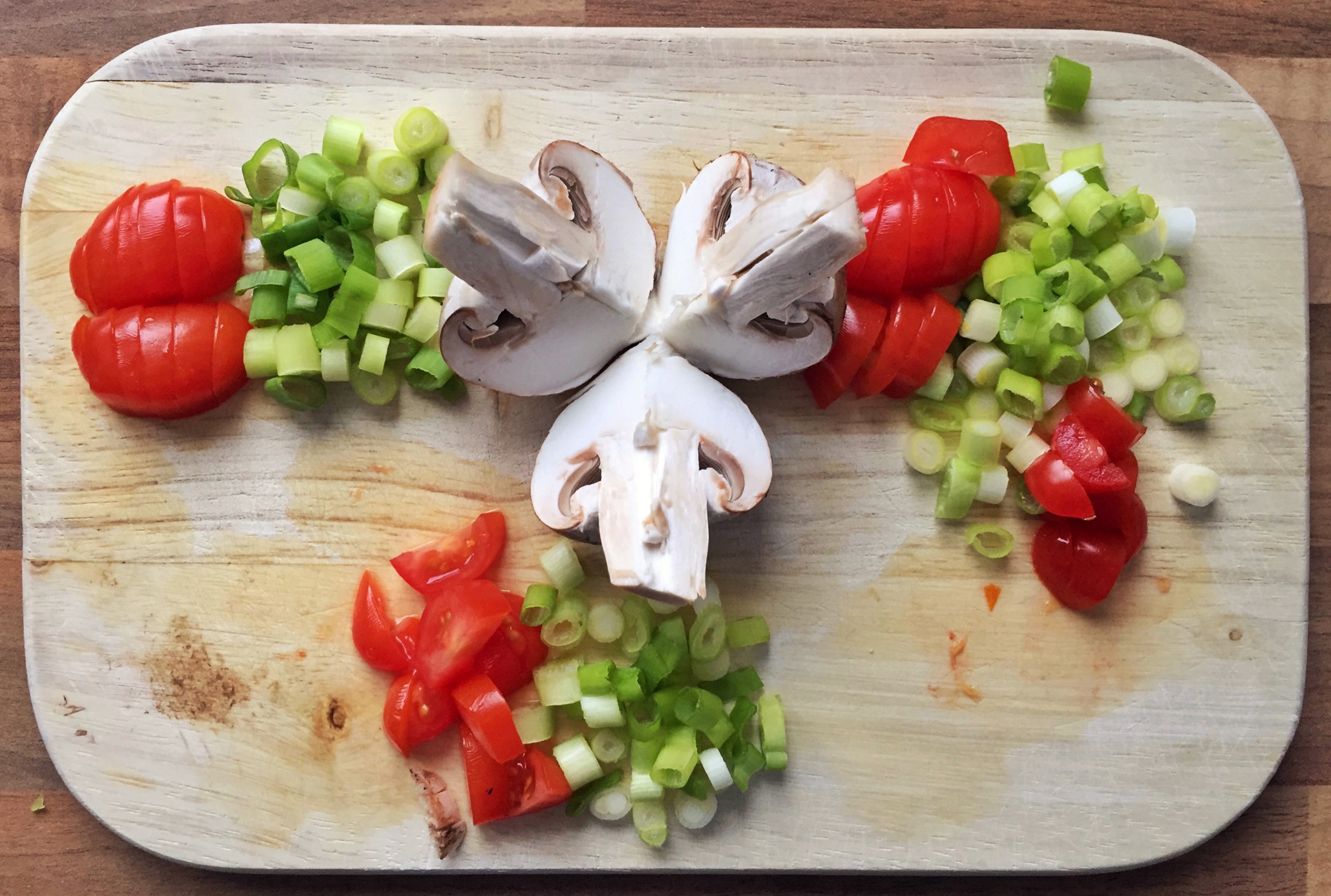Chopped vegetables and mushrooms on a cutting board HD Wallpaper