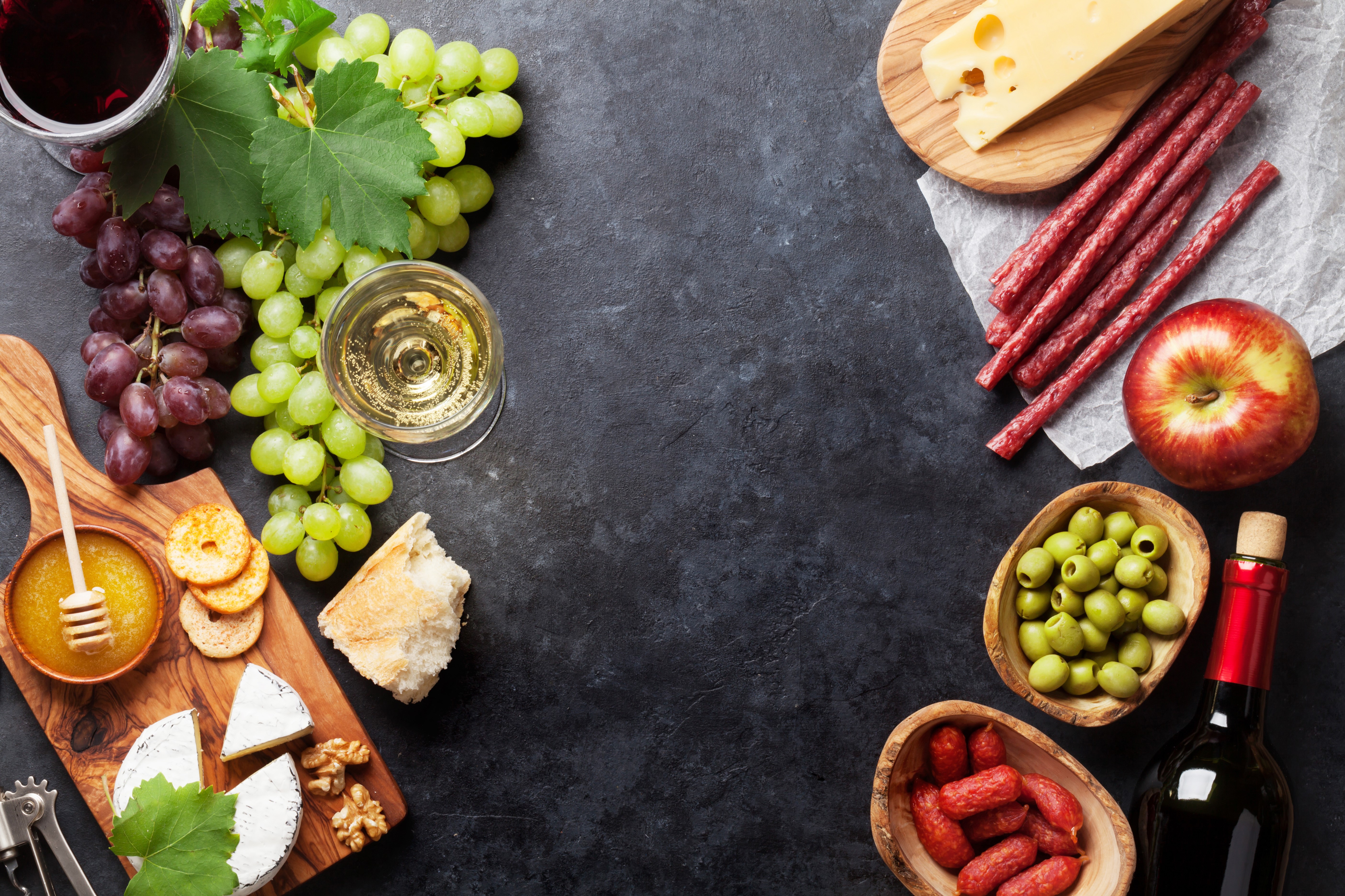 Grapes, Cheese, Sausage, Wine, and Fruit Platter HD Wallpaper