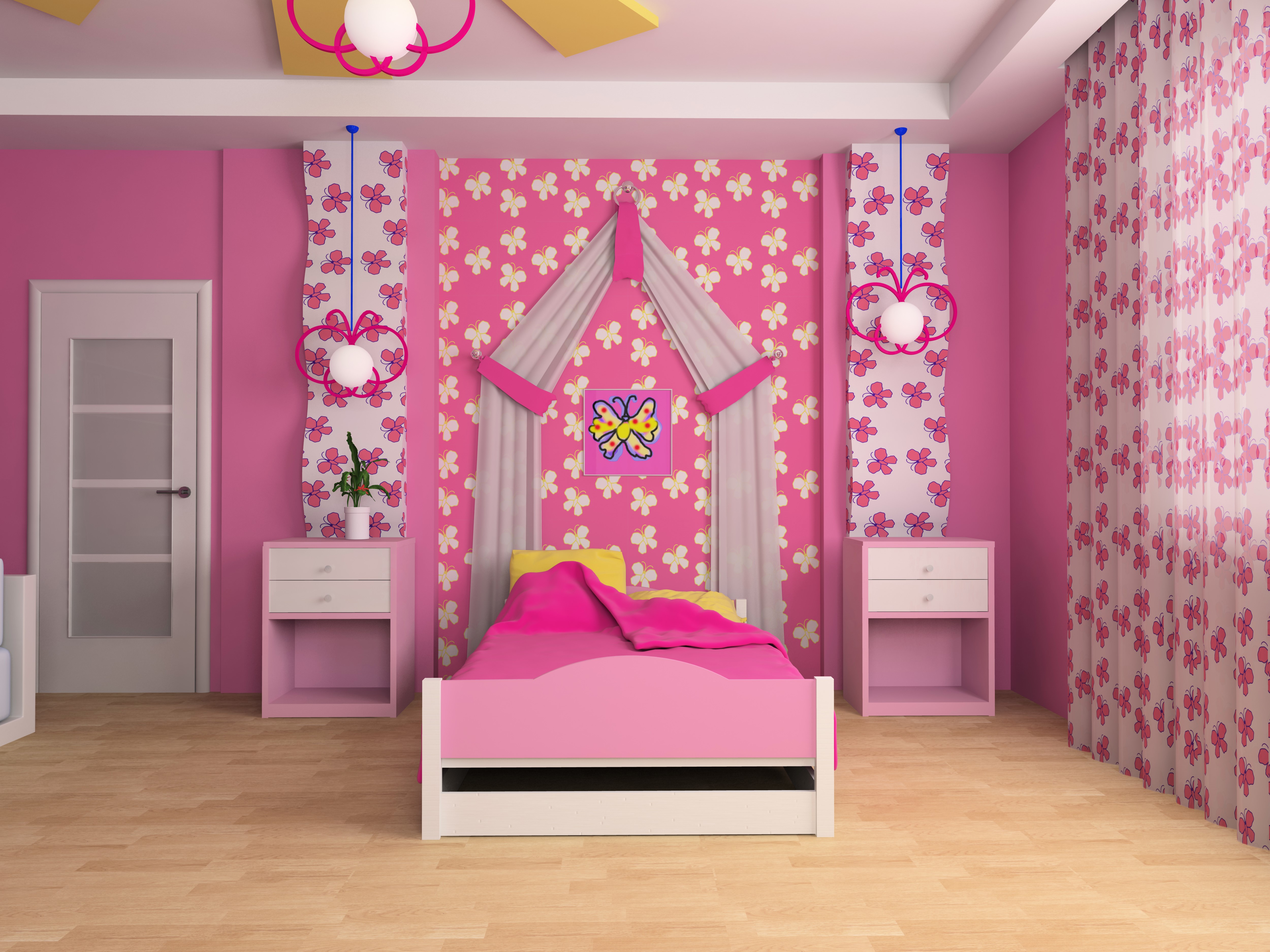 Children's room design with a pink bed HD Wallpaper