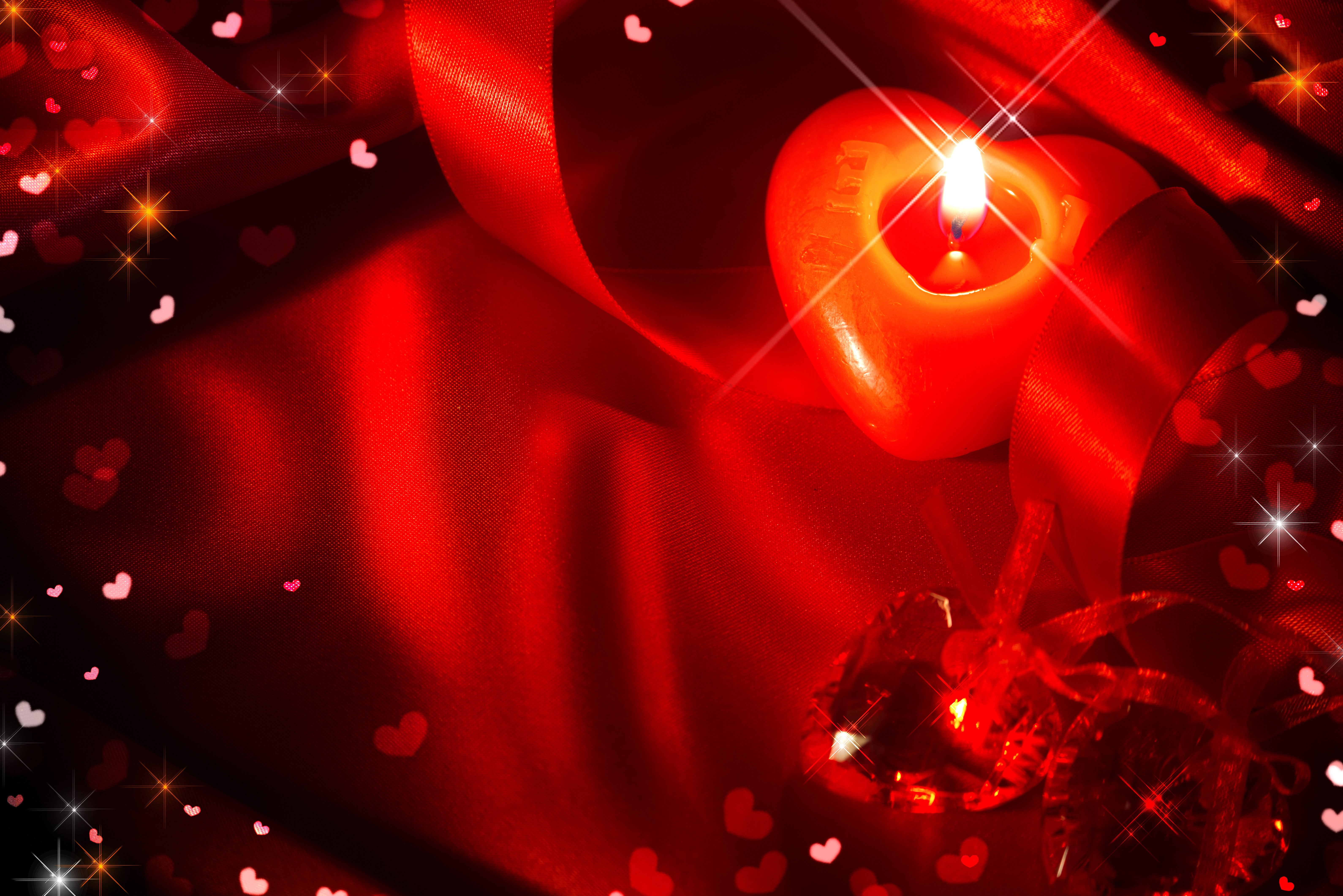 Heart-shaped candle with ribbon and hearts HD Wallpaper