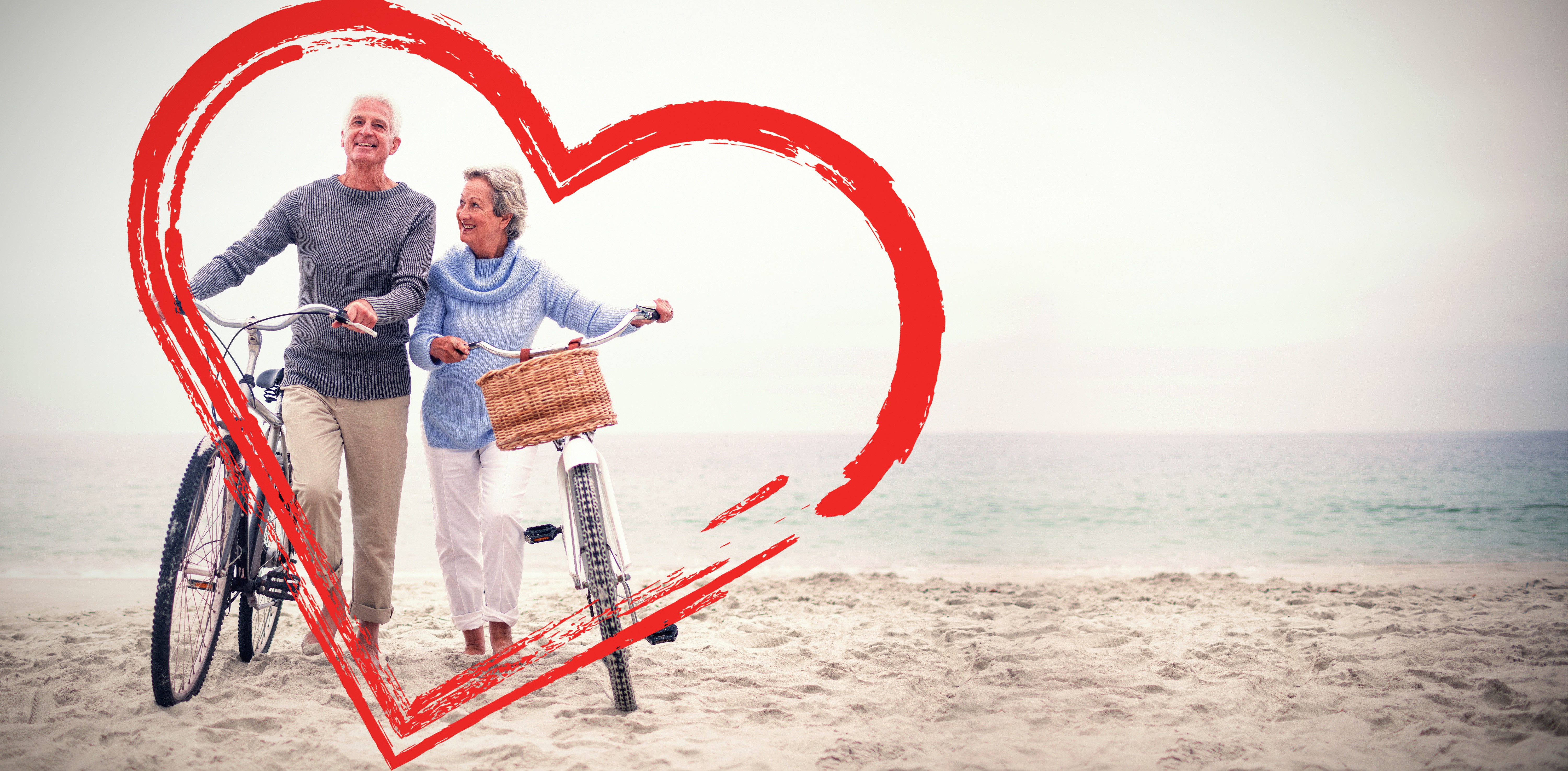 Elderly Couple with Bicycles on Beach with Heart HD Wallpaper