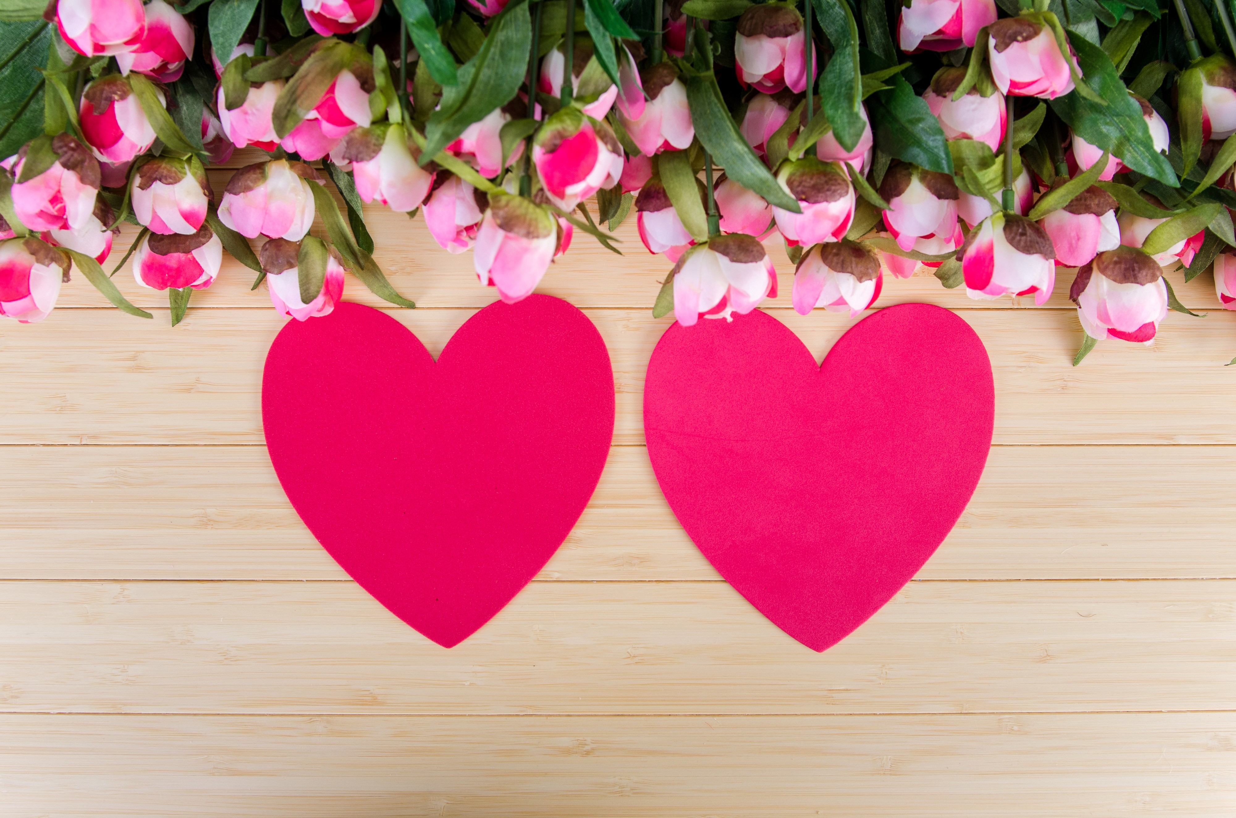 Two pink hearts and flowers on wood planks HD Wallpaper