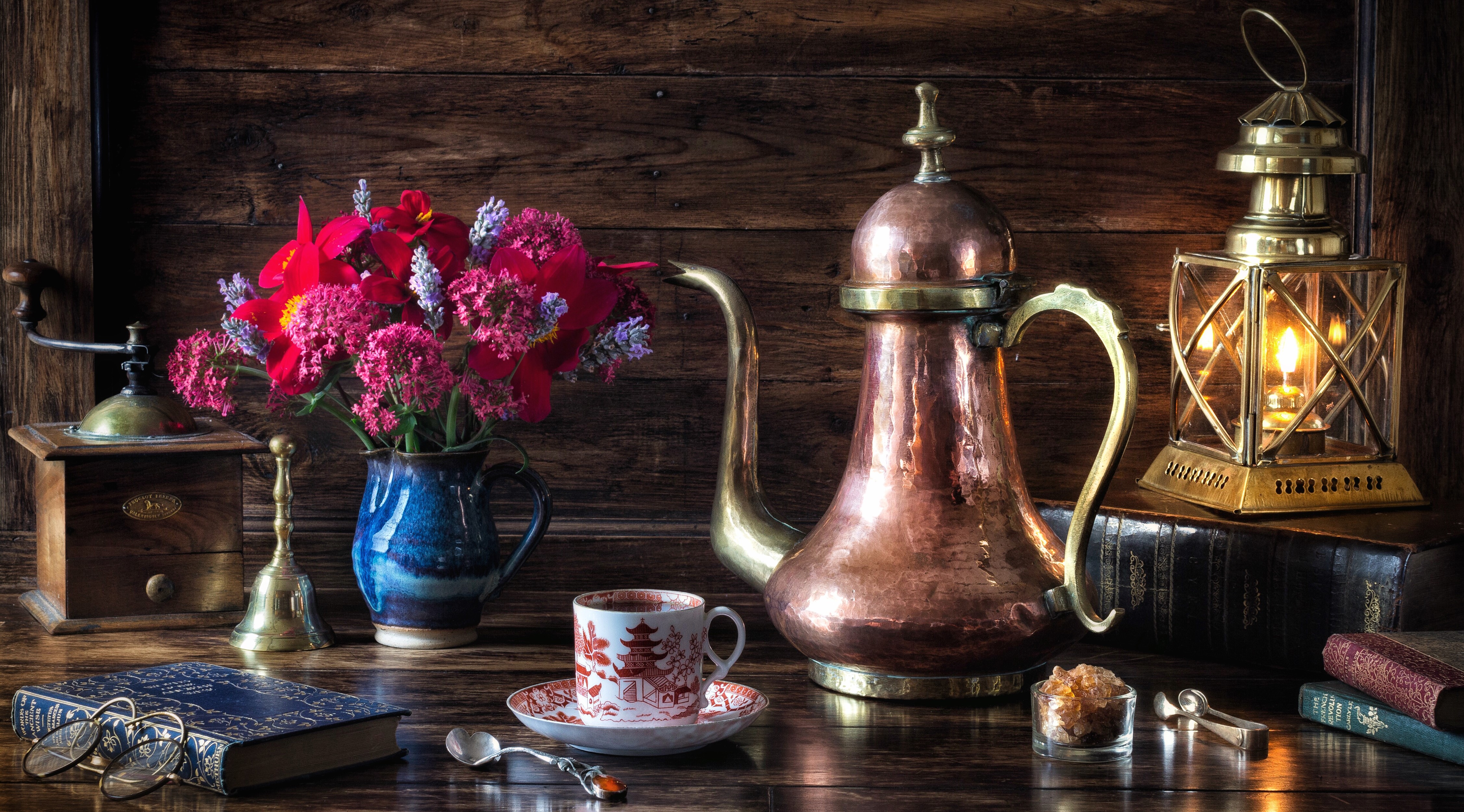 Still-life with coffee set, flowers, and lantern HD Wallpaper