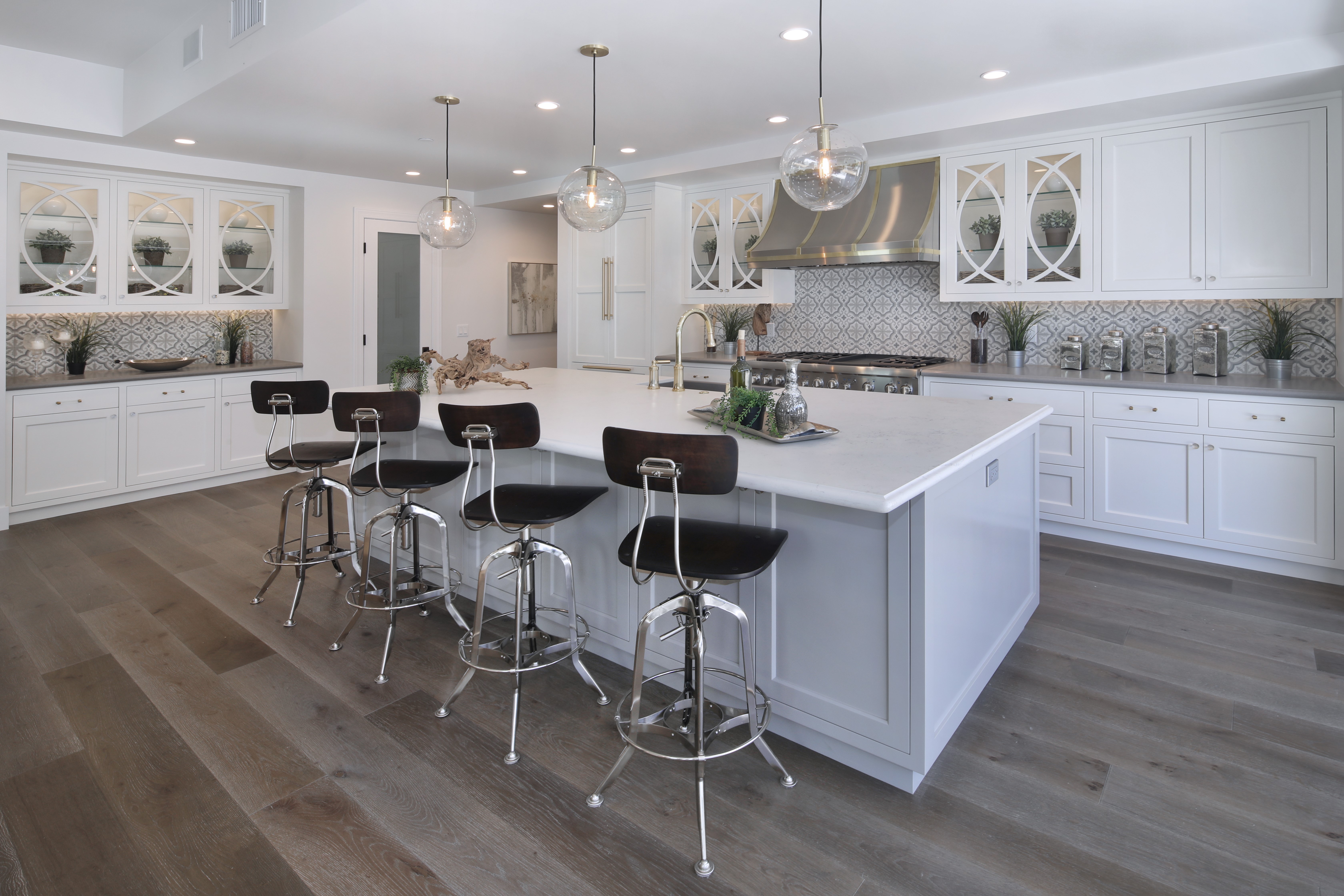 Modern Kitchen with Island and Bar Stools HD Wallpaper
