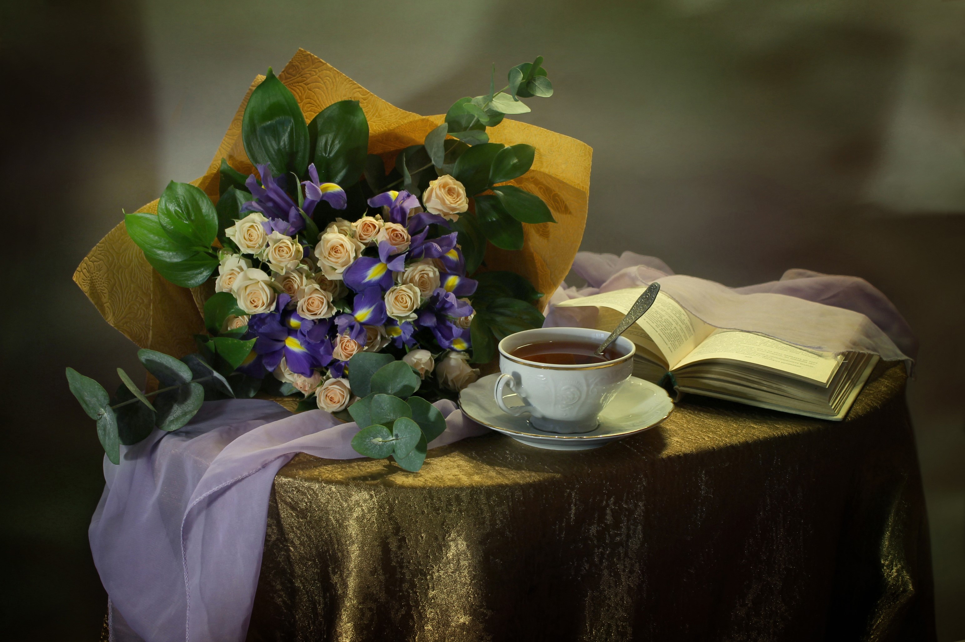 Still-life with bouquet, tea cup, and book HD Wallpaper