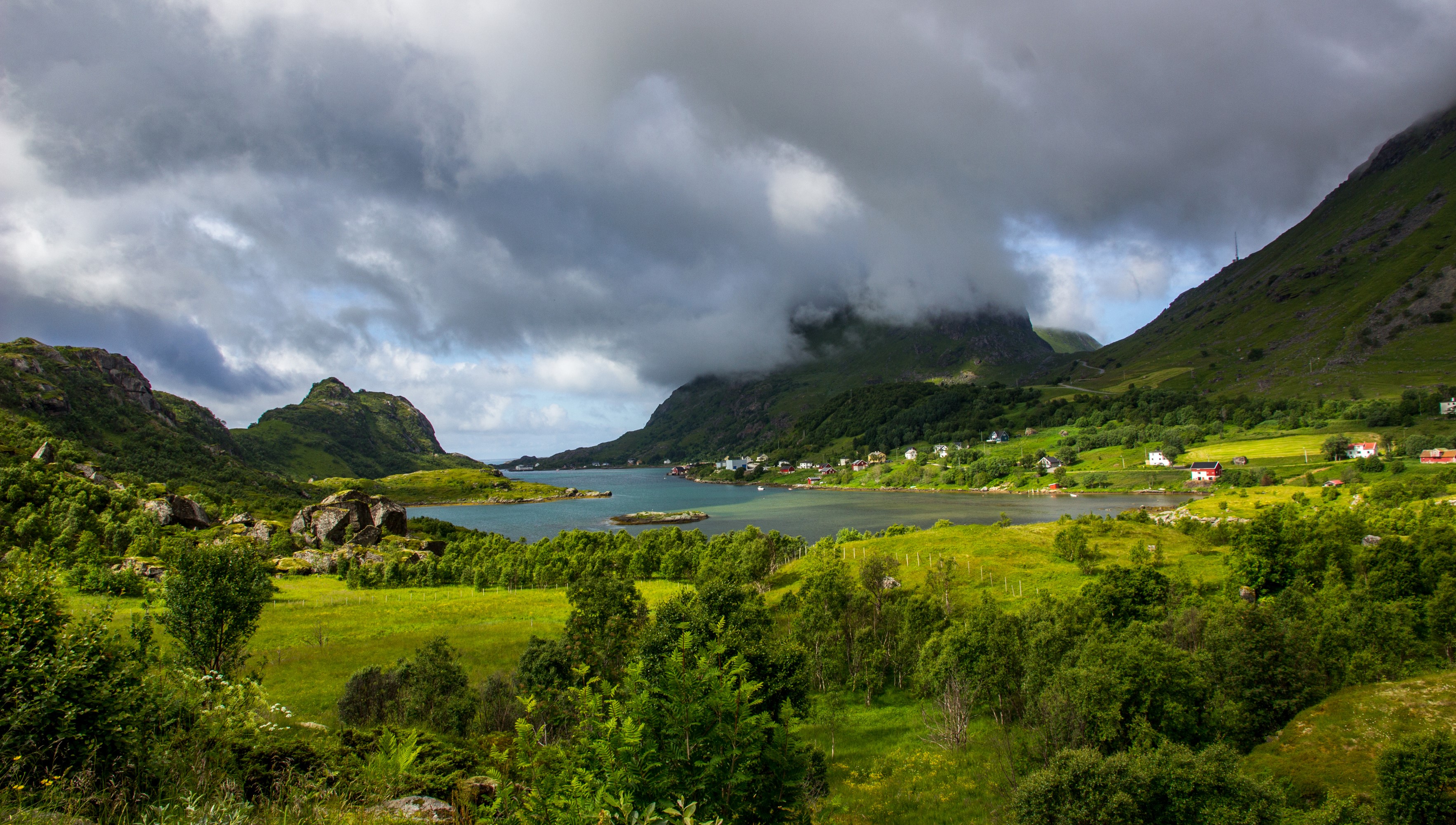 Village on a fjord in Lofoten, Norway HD Wallpaper