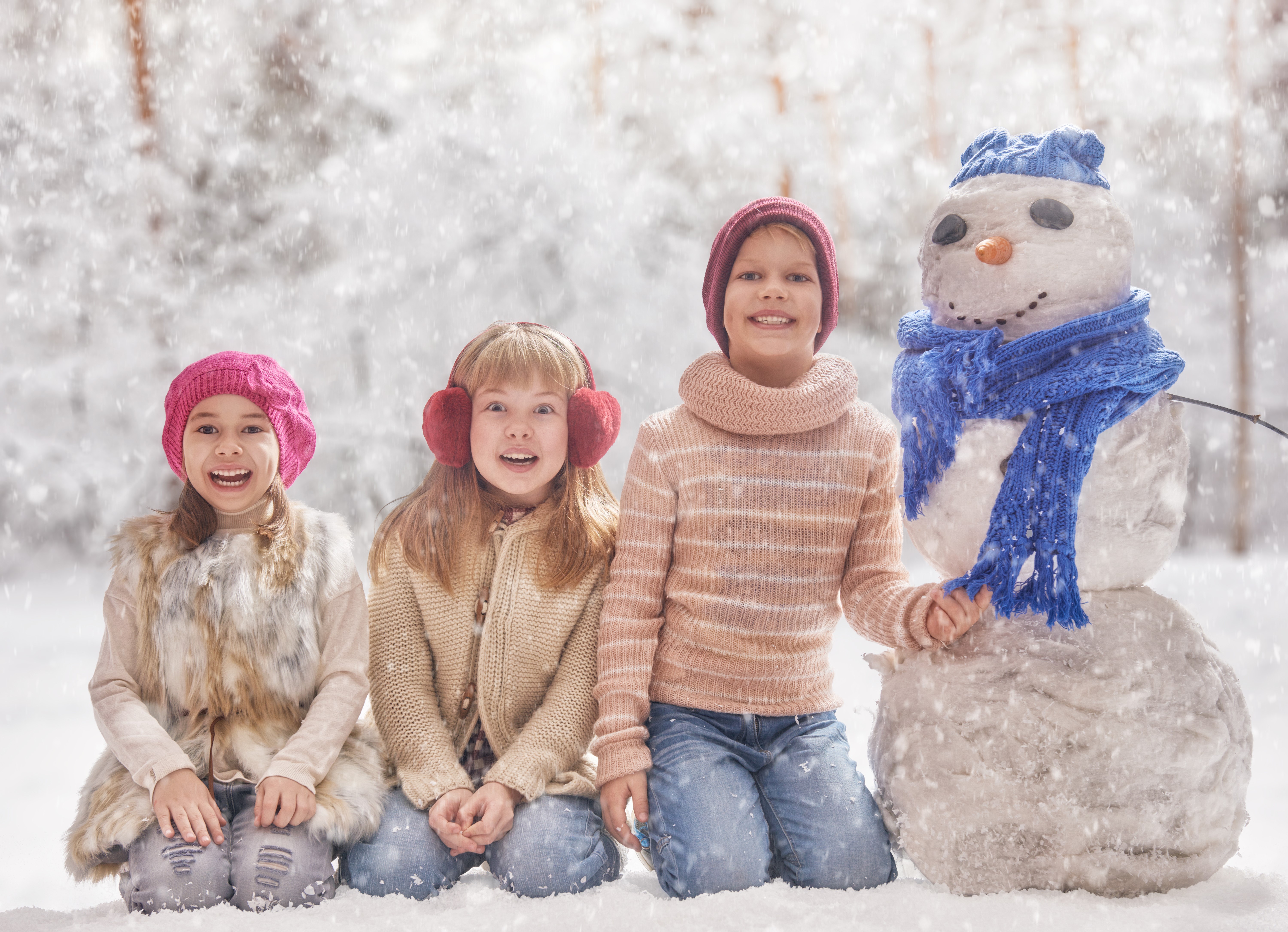 Children and Snowman in Winter Forest HD Wallpaper