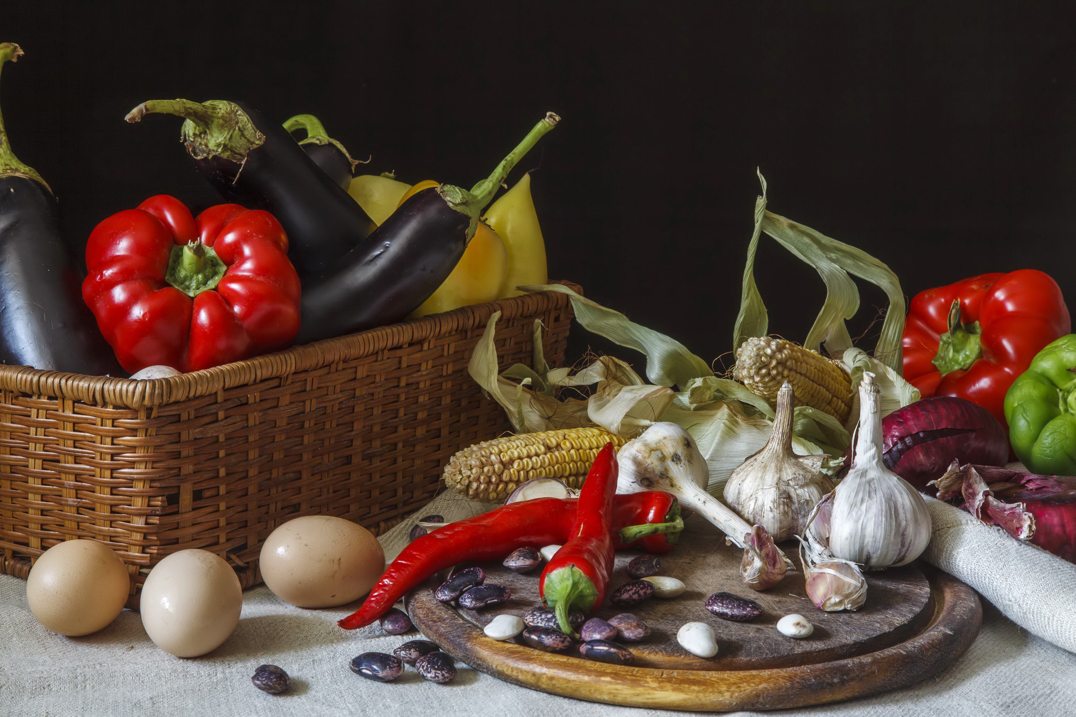Still life with vegetables, eggs, and corn HD Wallpaper