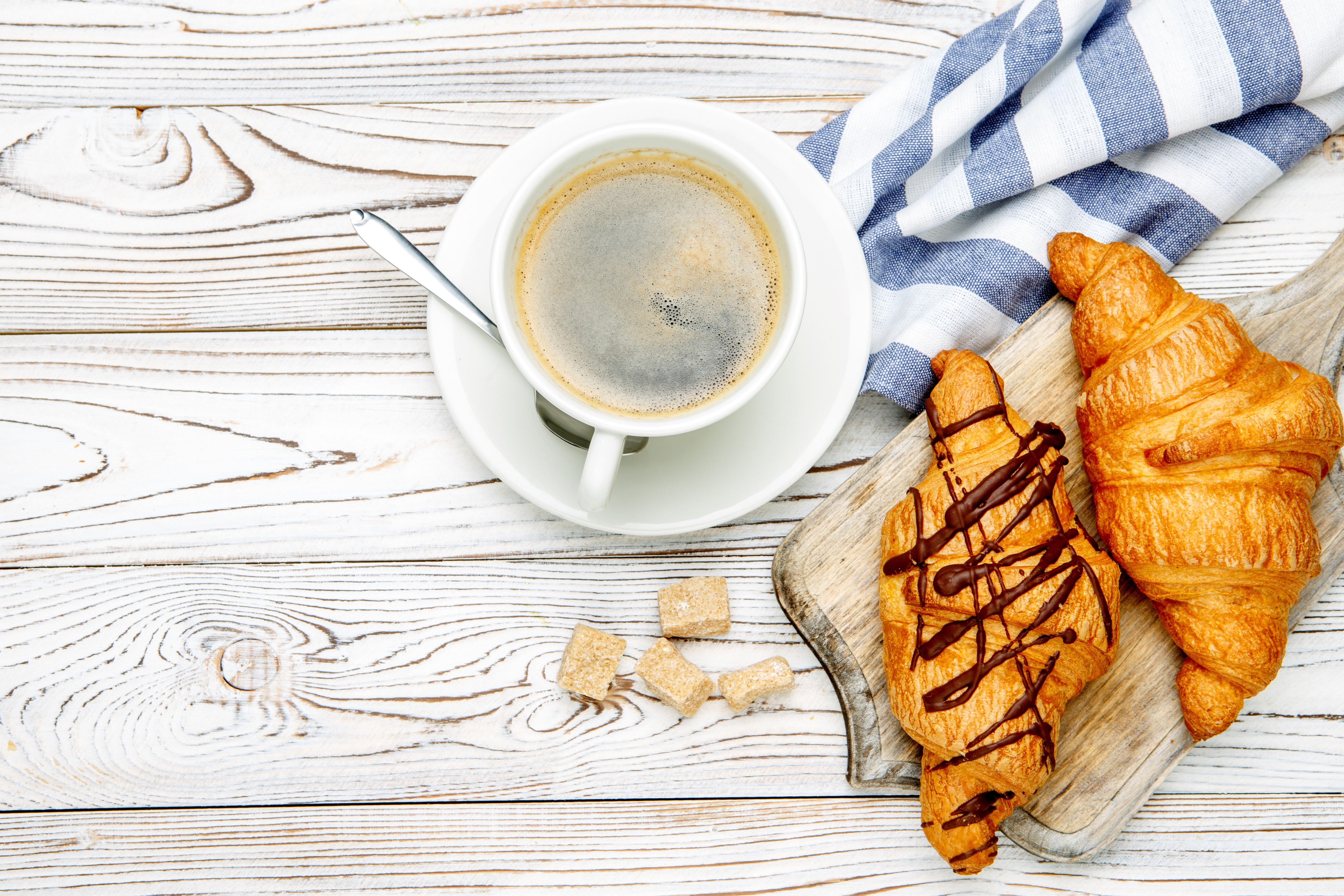 Coffee and Croissants on Wood Planks HD Wallpaper
