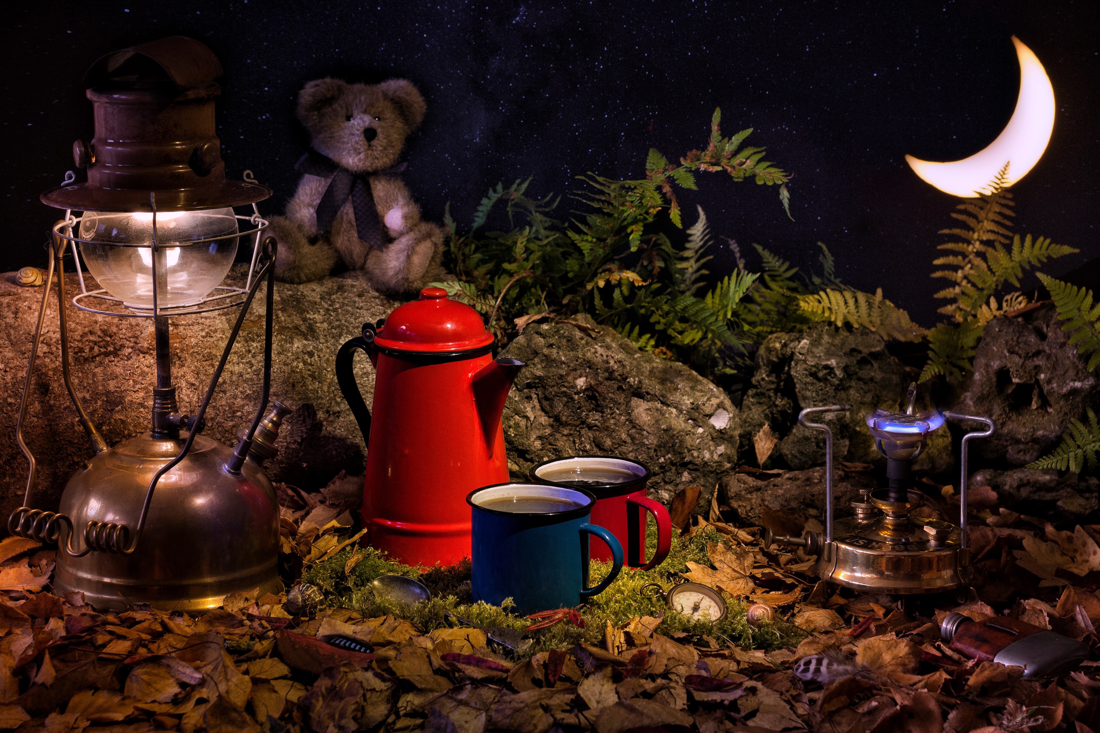 Camping scene with teddy bear, lantern, and coffee HD Wallpaper