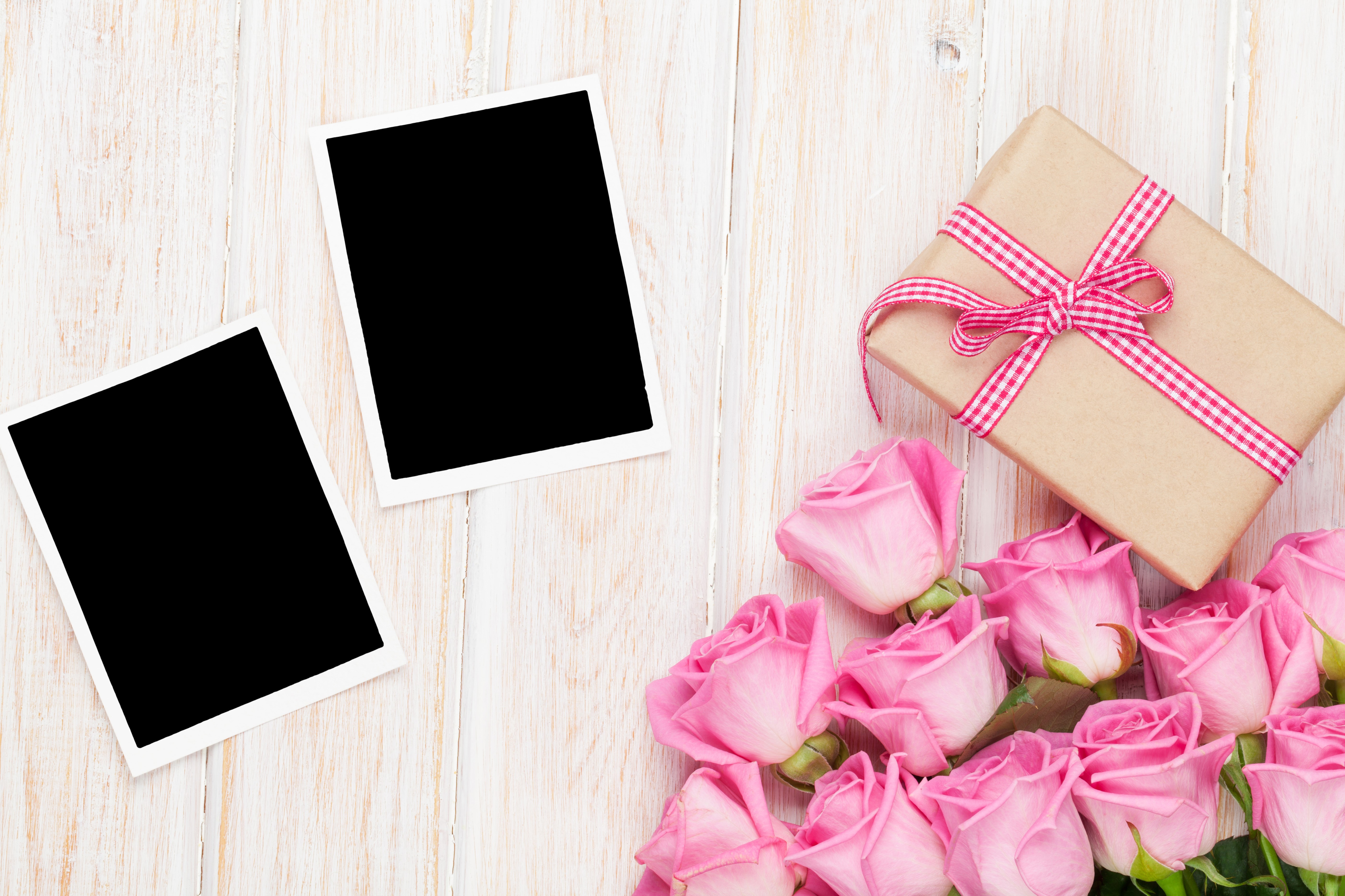 Gift and Pink Roses with Photo Frames HD Wallpaper