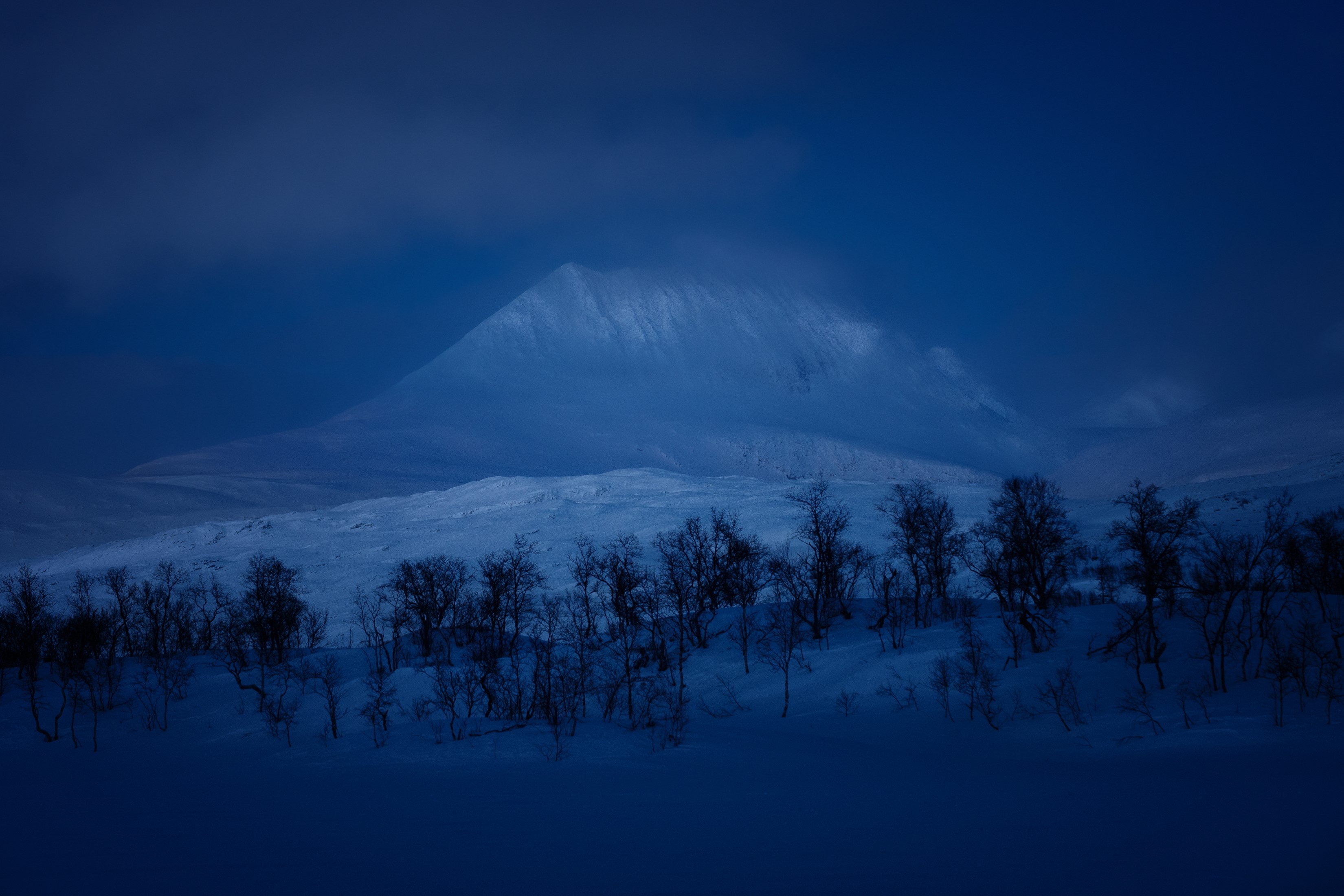 Snowy mountain landscape with trees at night HD Wallpaper