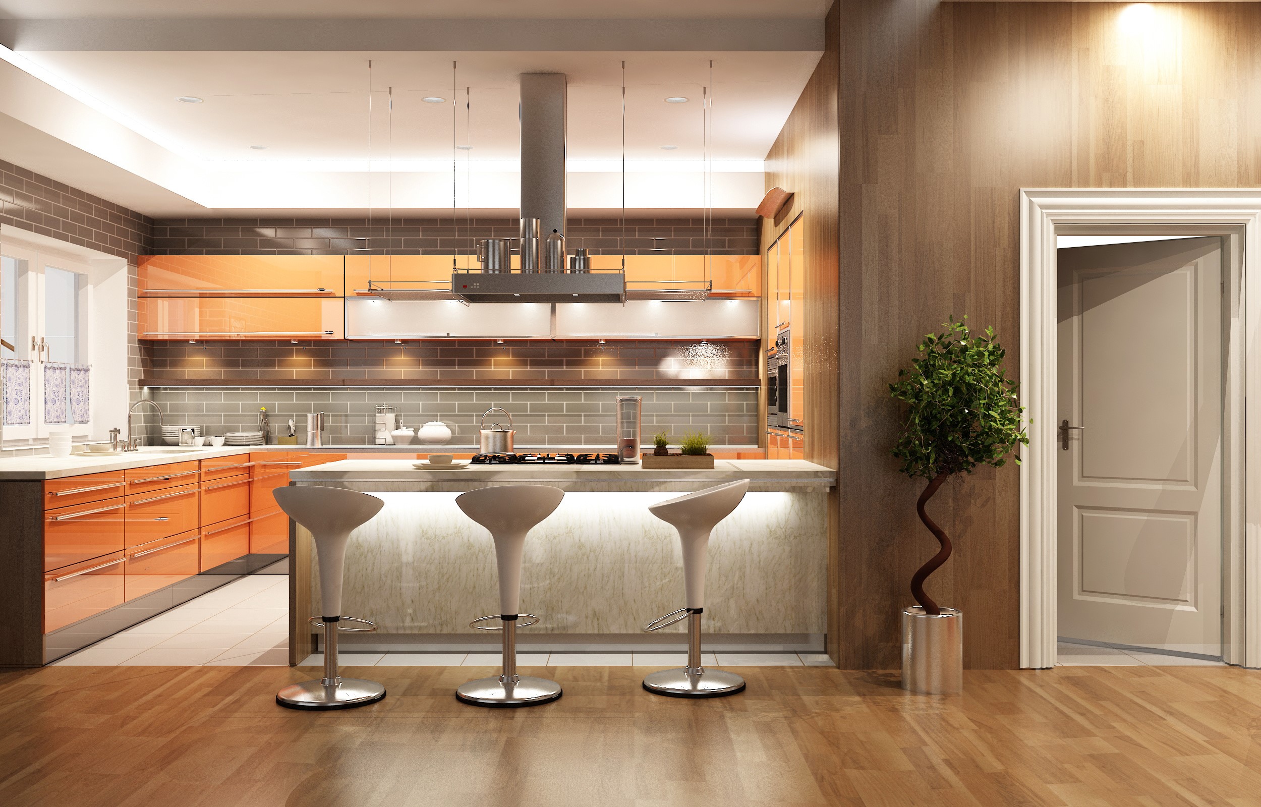 Modern Kitchen with Orange Cabinets and Island Chairs HD Wallpaper