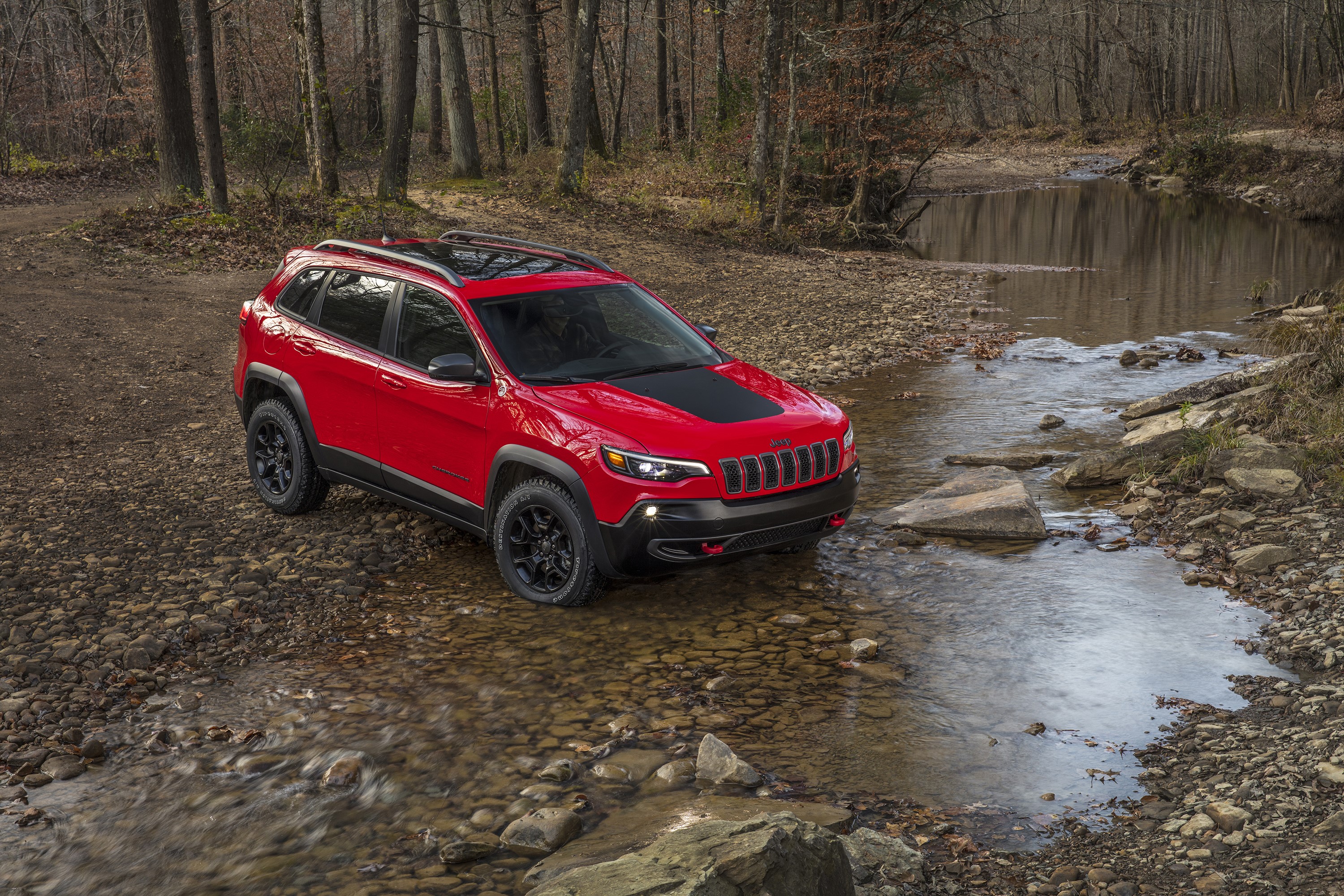 Red 2019 Jeep Cherokee Trailhawk in a stream HD Wallpaper