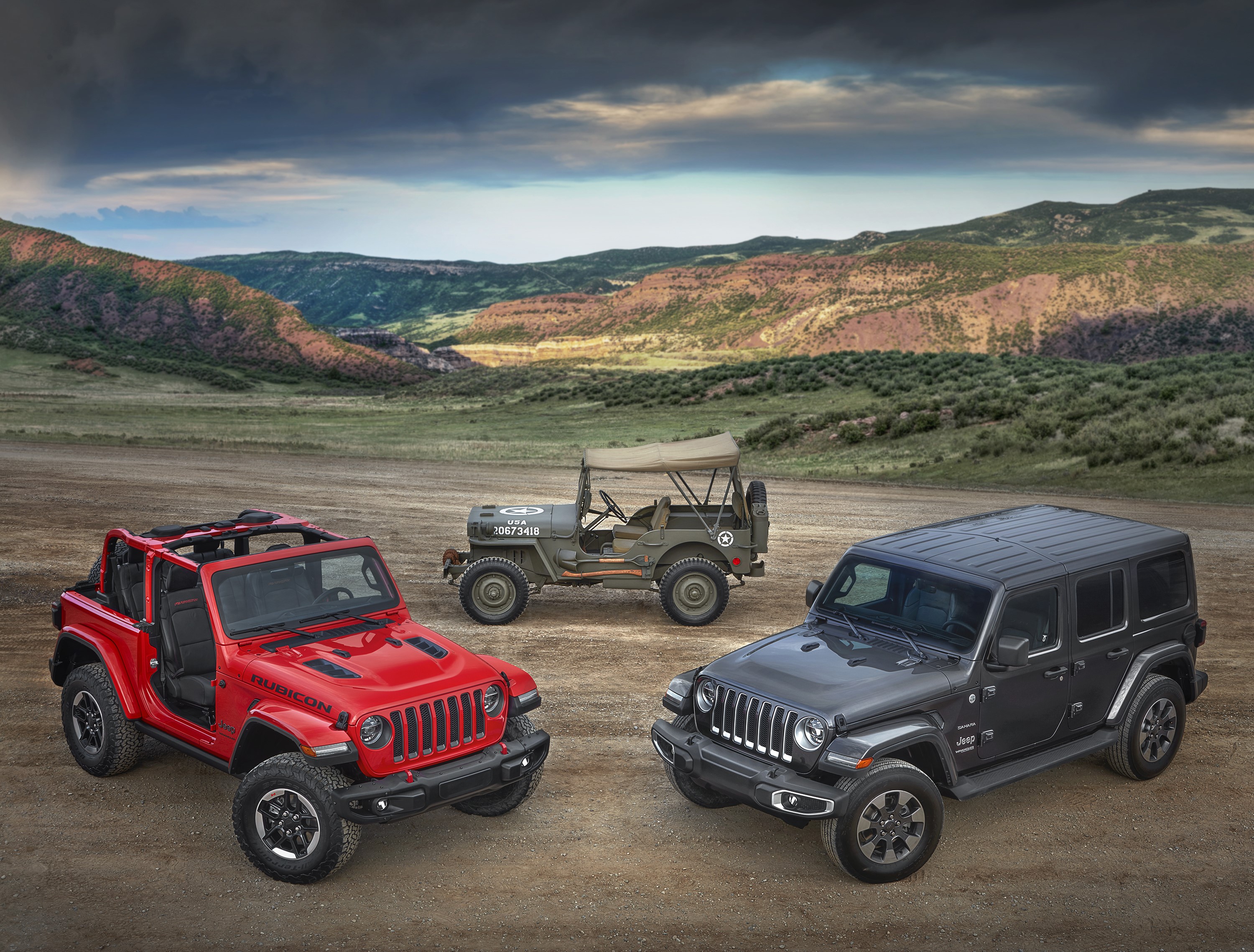 Three Jeep Wranglers and a vintage Willys Jeep HD Wallpaper