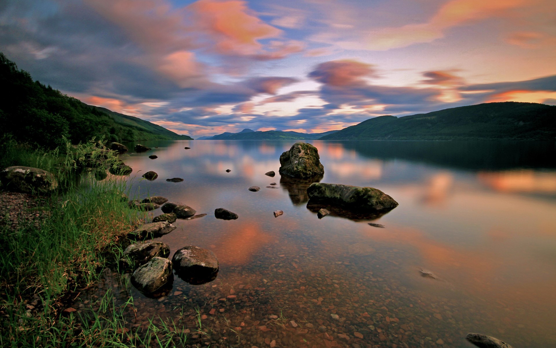 Lake with mountains and colorful sunset sky HD Wallpaper