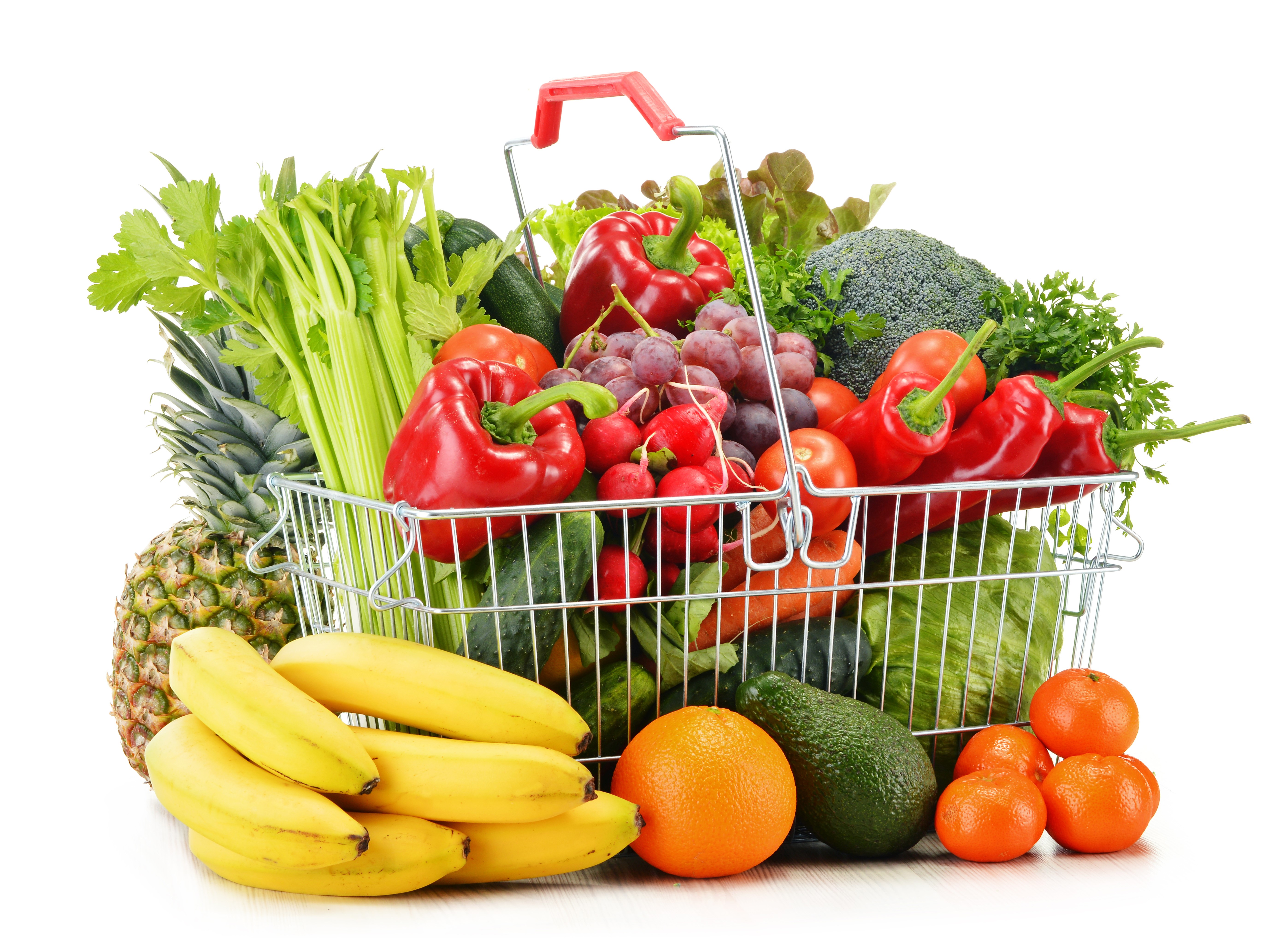 Shopping basket full of fruits and vegetables HD Wallpaper
