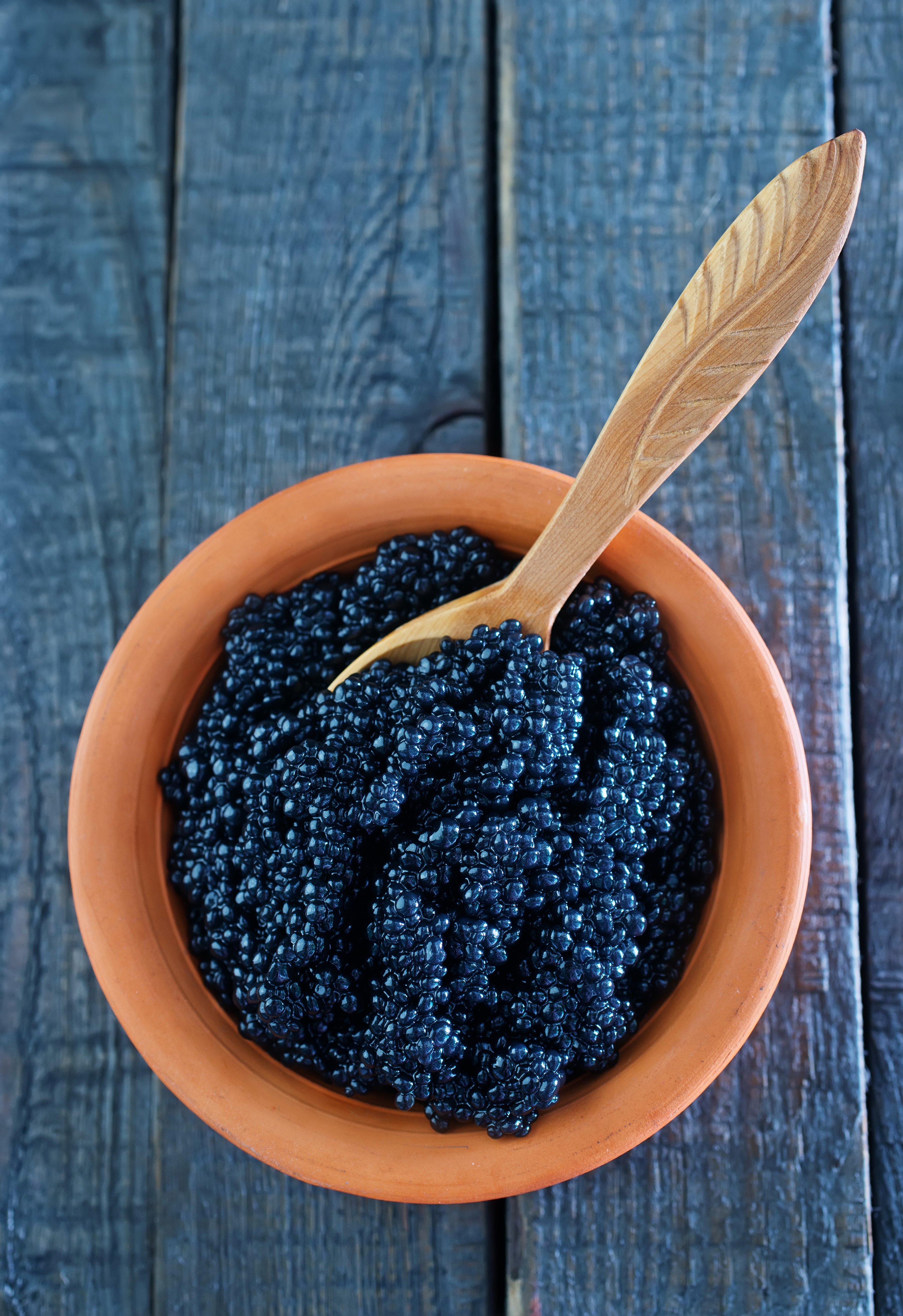 Black caviar in a clay bowl with a wooden spoon HD Phone Wallpaper
