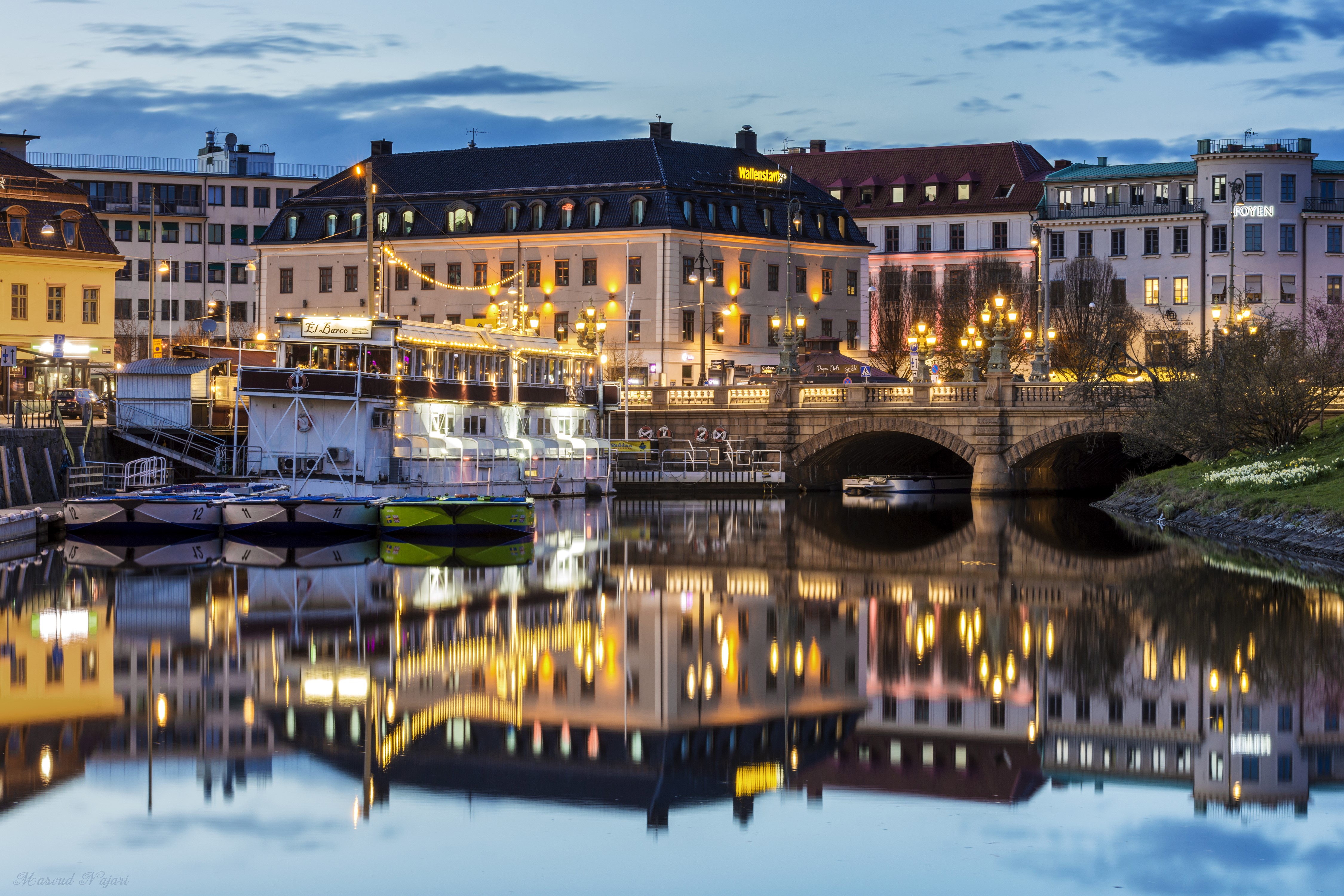 Gothenburg, Sweden Riverfront at Dusk with Bridge and Boats HD Wallpaper