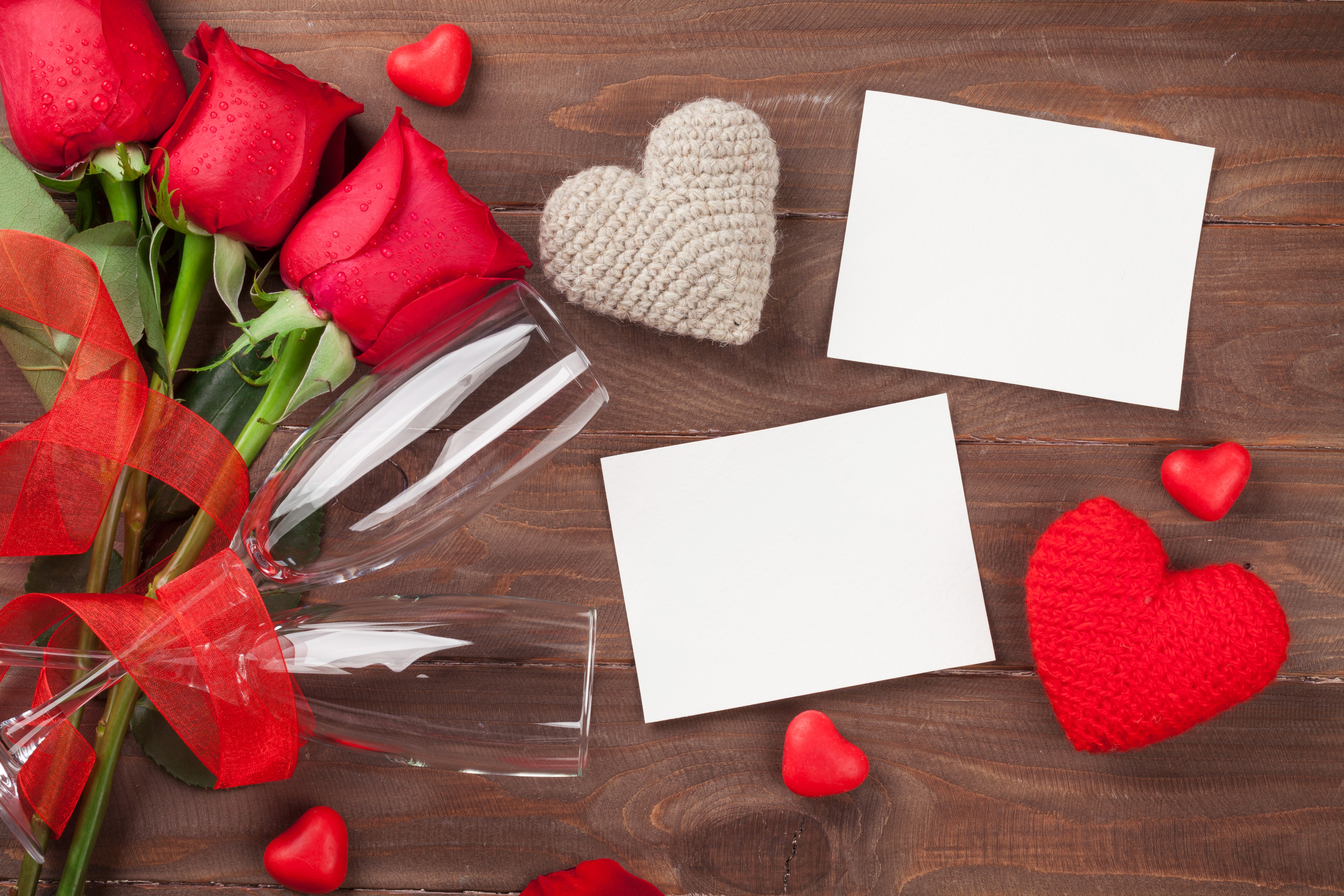 Valentine's Day Roses, Champagne Glasses, and Greeting Cards HD Wallpaper