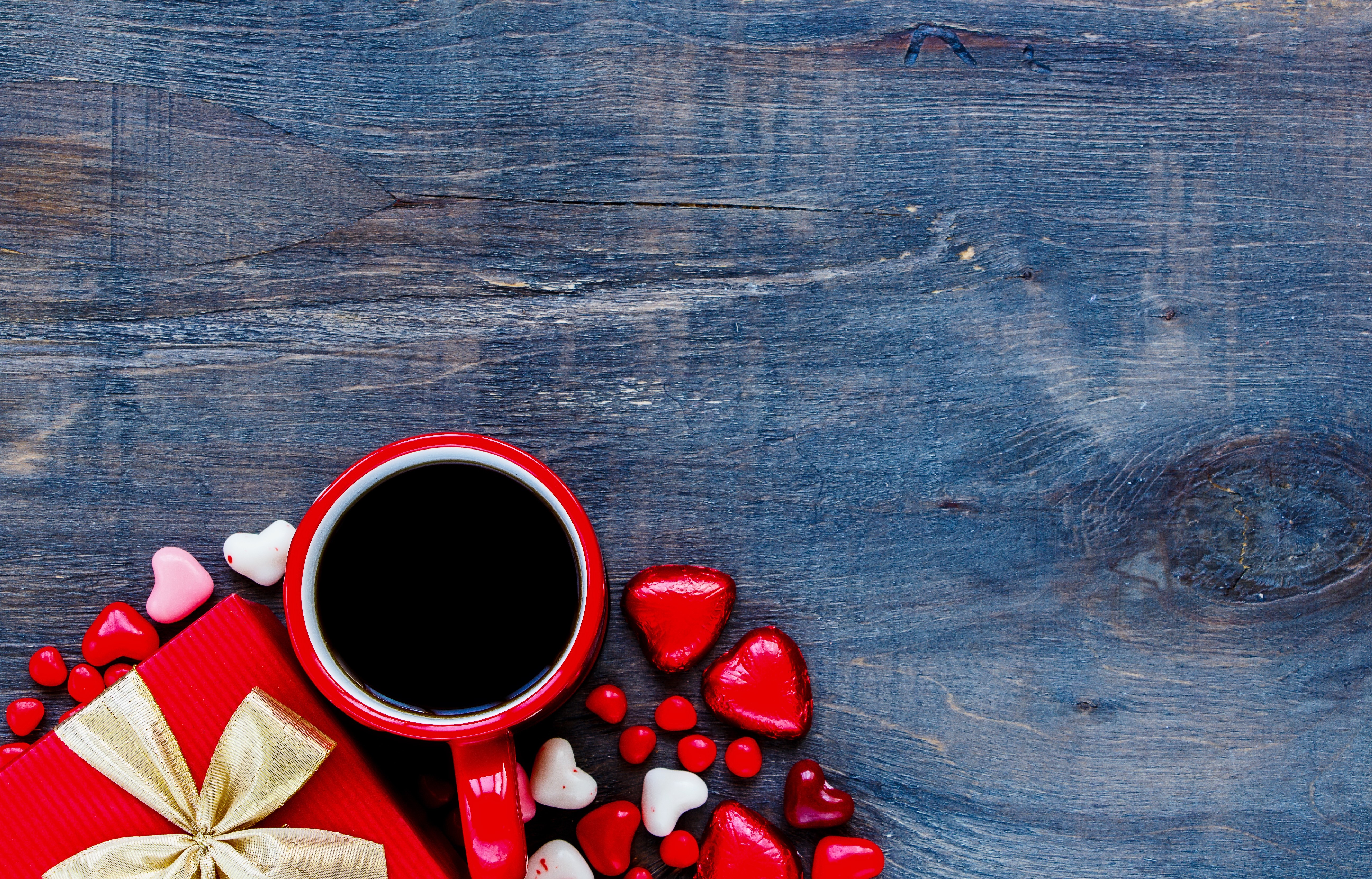Valentine's Day Coffee and Candy on Wood HD Wallpaper